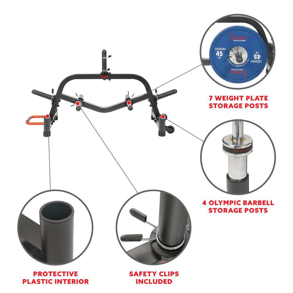 Sunny Health & Fitness Legion 45 LB 45 HH Legion MXEO Se Srants 7 Weight Plate Storage Posts 4 Olympic Barbell Storage Posts Protective Plastic Interior Safety Clips Included