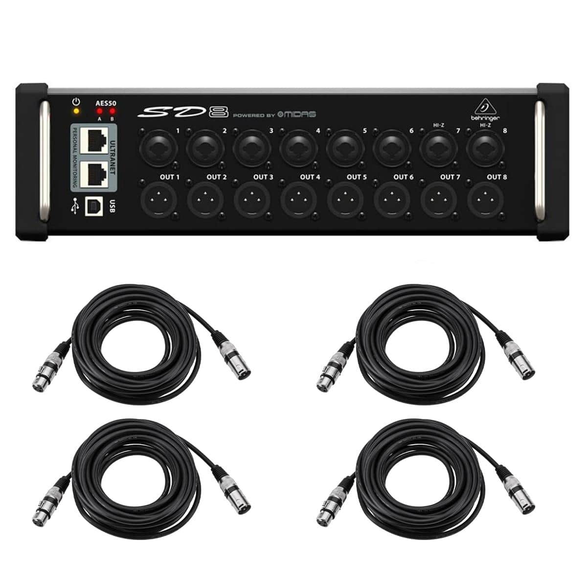 Behringer - SD8 I/O Stage Box with 8 Remote-Controllable MIDAS Preamps, Bundle with 4x 25' Value Series XLR M to F