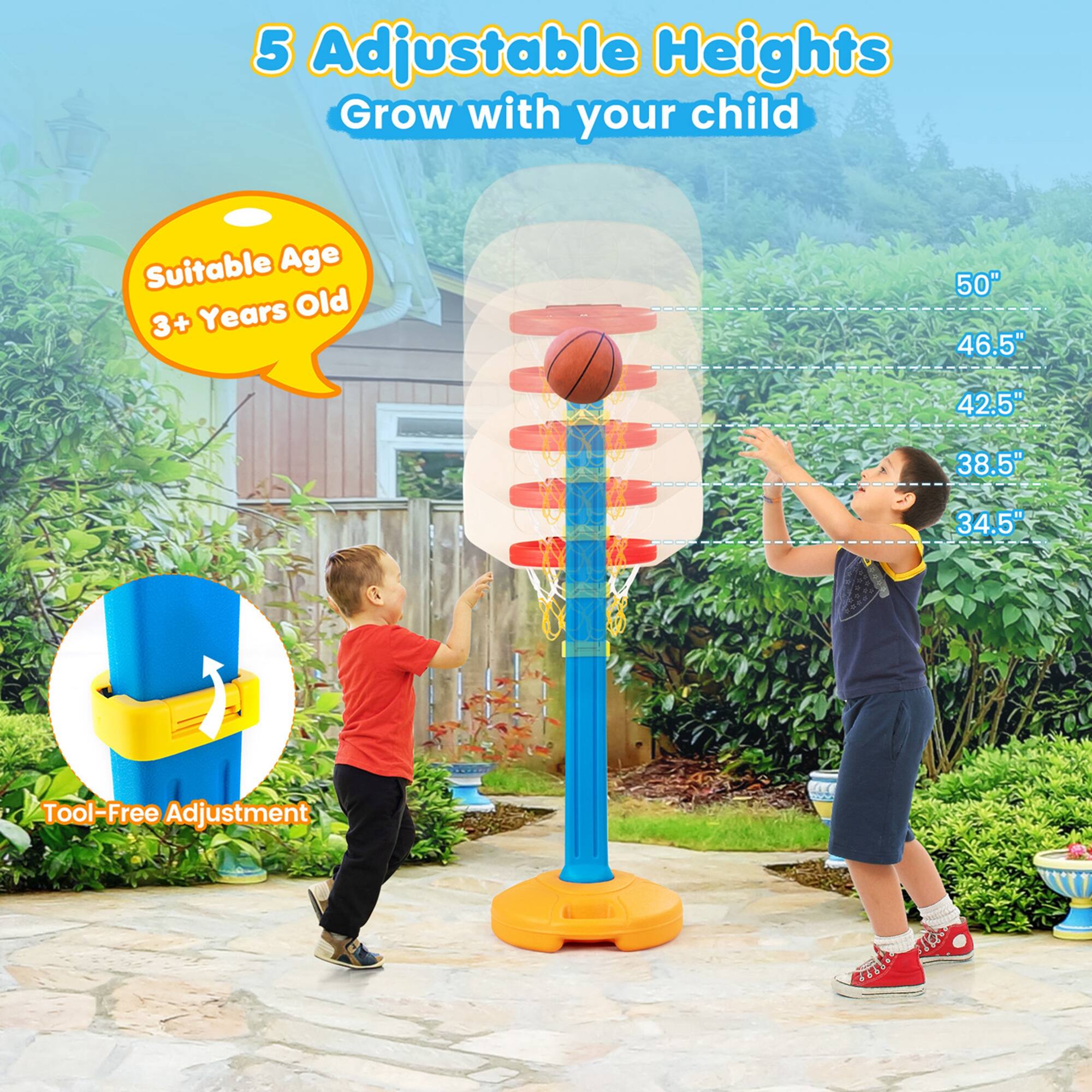 5 Adjustable Heights Grow with your child Suitable Age 3+ Years Old 50" 46.5" 42.5" 38.5" 34.5" Tool-Free Adjustment