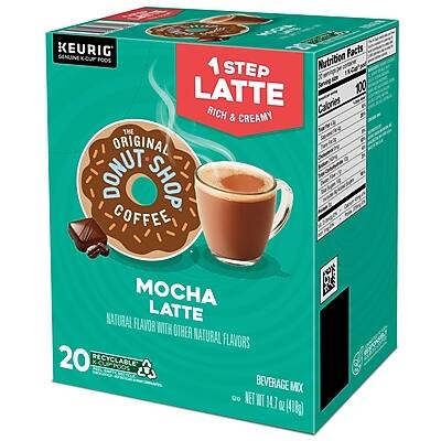 KEURIG  
CALIFORNIA GOURMET COFFEE

1 STEP LATTE  
RICH & CREAMY

THE ORIGINAL DONUT SHOP COFFEE  
MOCHA LATTE  
NATURAL LATTE FLAVOR WITH OTHER NATURAL FLAVORS

20 RECYCLABLE K-CUPS

NET WT 14 OZ (410g)

Nutrition Facts  
Serving Size 1 K-Cup  
Servings Per Container 20  
Calories 100

Beverage Mix