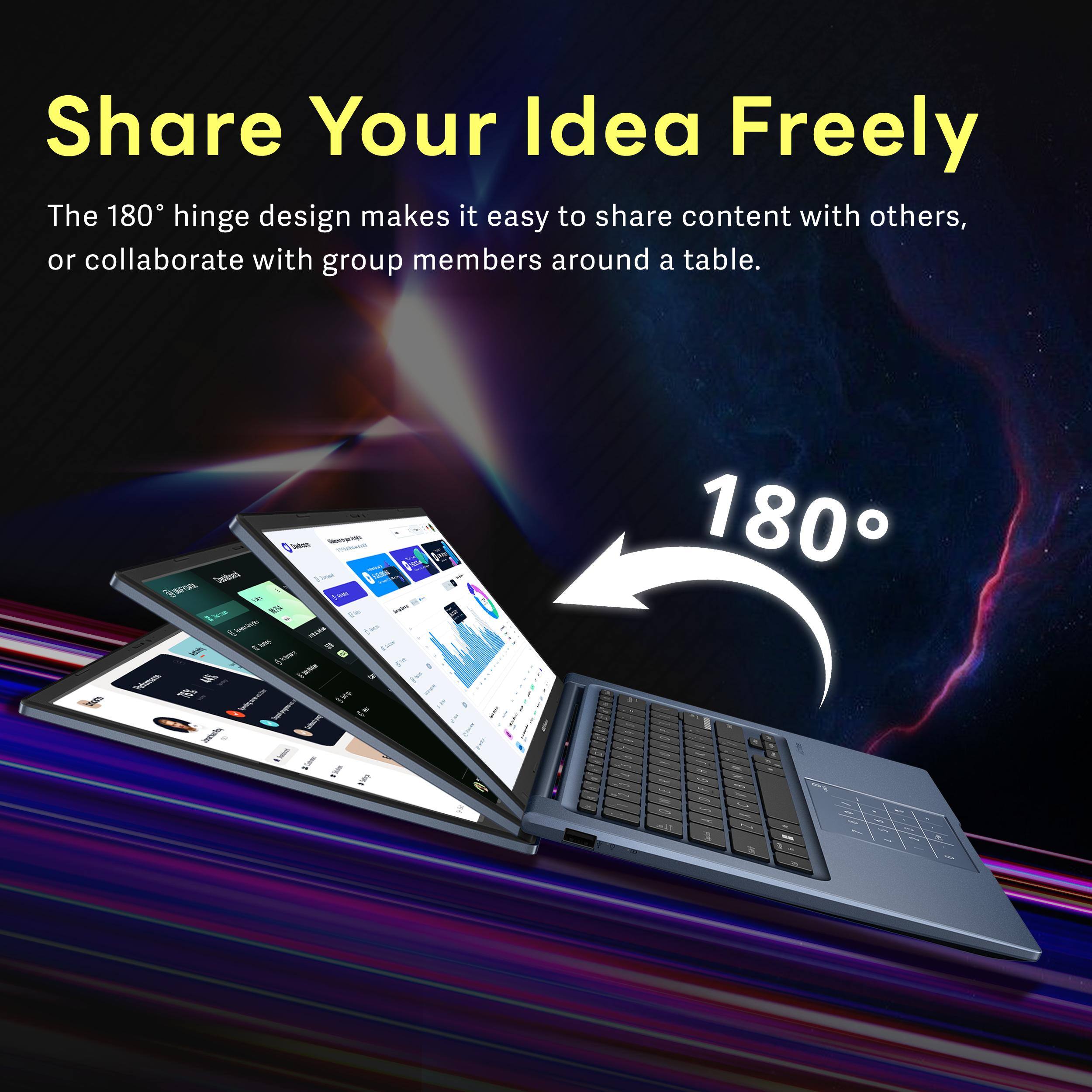 Share Your Idea Freely

The 180° hinge design makes it easy to share content with others, or collaborate with group members around a table.