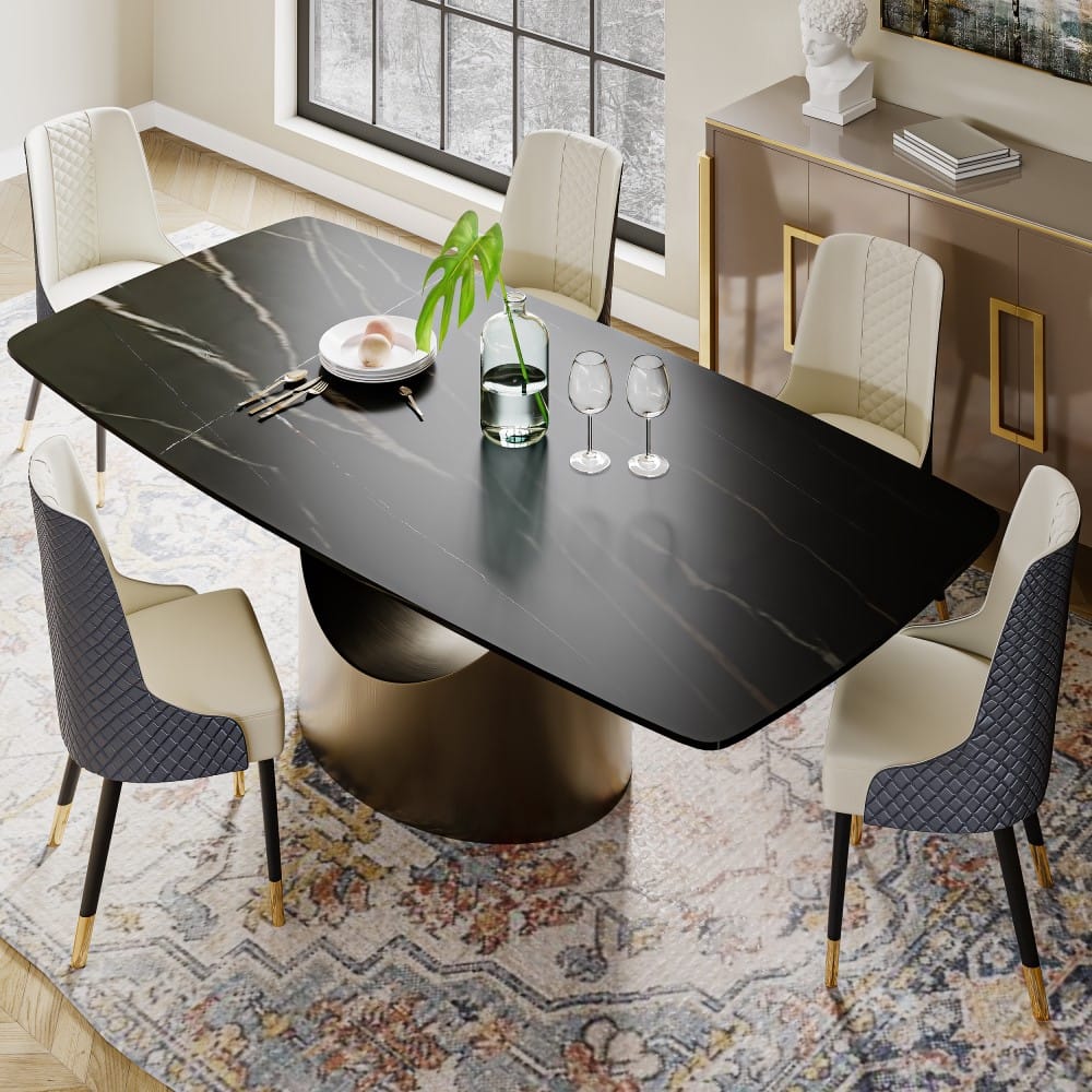 POVISON - 71" Modern Minimalist Dining Table for 4-6, Black Rectangular Matte Sintered Stone Tabletop, Bronze Carbon Steel Leg - Matte Black Sintered Stone with Bronze