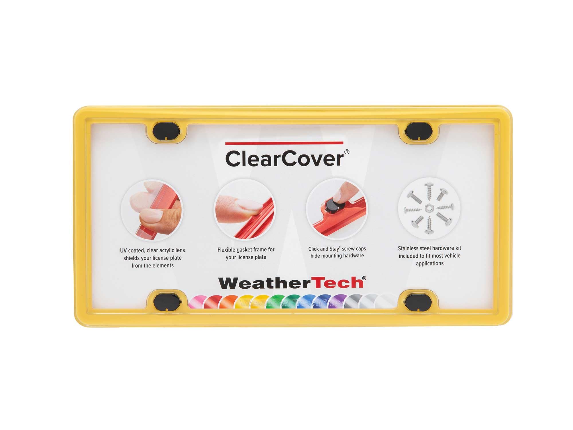 ClearCover  
lens Flexible gasket frame for Click and Stay screw caps Stainless steel hardware kit UV coated, clear acrylic license plate hide mounting hardware included to fit most vehicle shields your license plate your from the elements applications WeatherTech