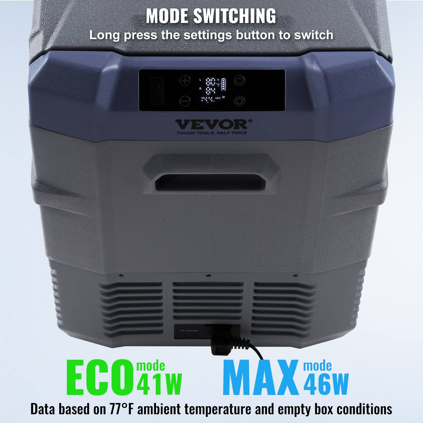 MODE SWITCHING Long press the settings button to switch + A d On . VEVOR TOUGH TOOLS. HALF PRICE Od mode mode ECO 41W MAX 46W Data based on 77F ambient temperature and empty box conditions