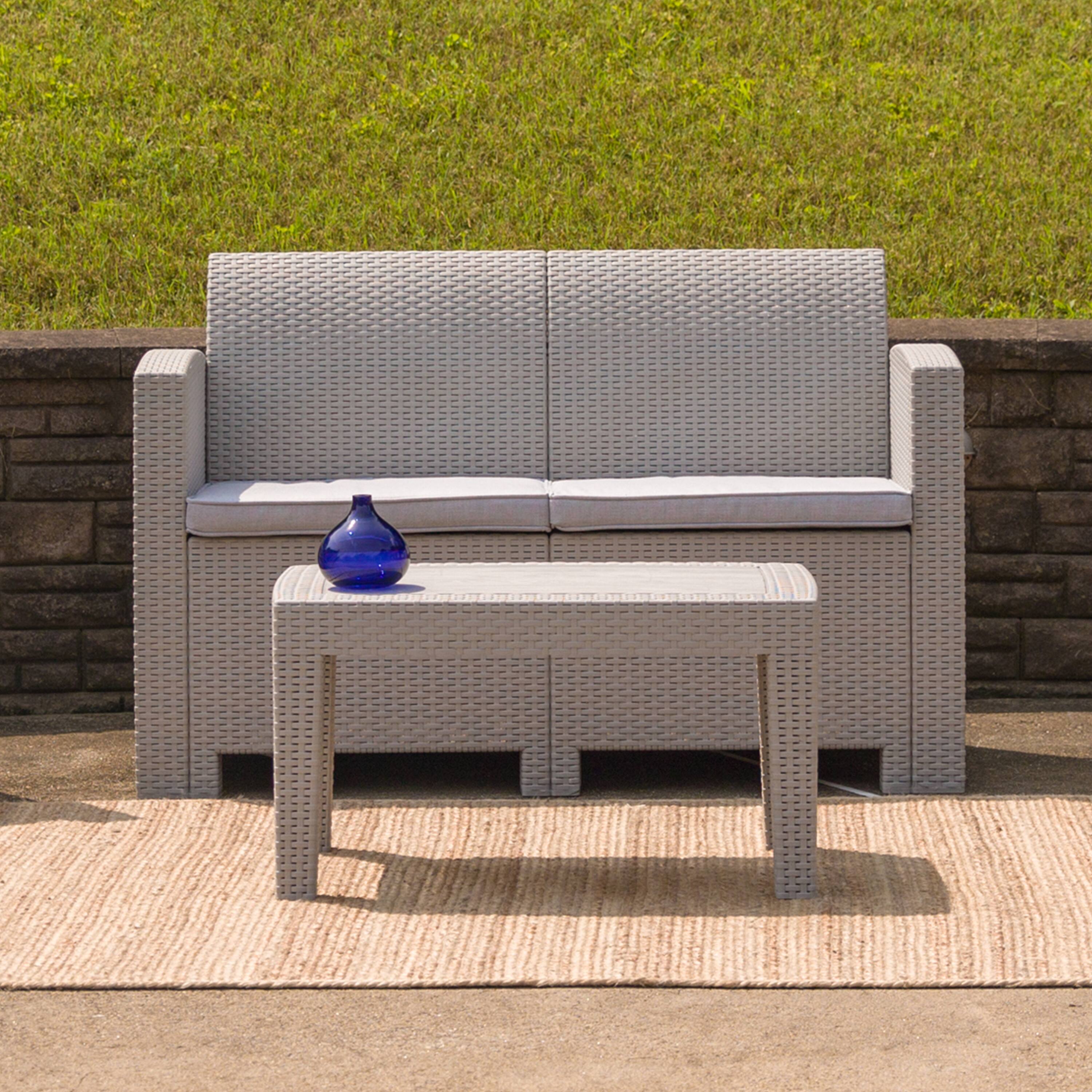 Alt View 1. Emma + Oliver - Faux Rattan Loveseat with All-Weather Cushions - Light Gray.