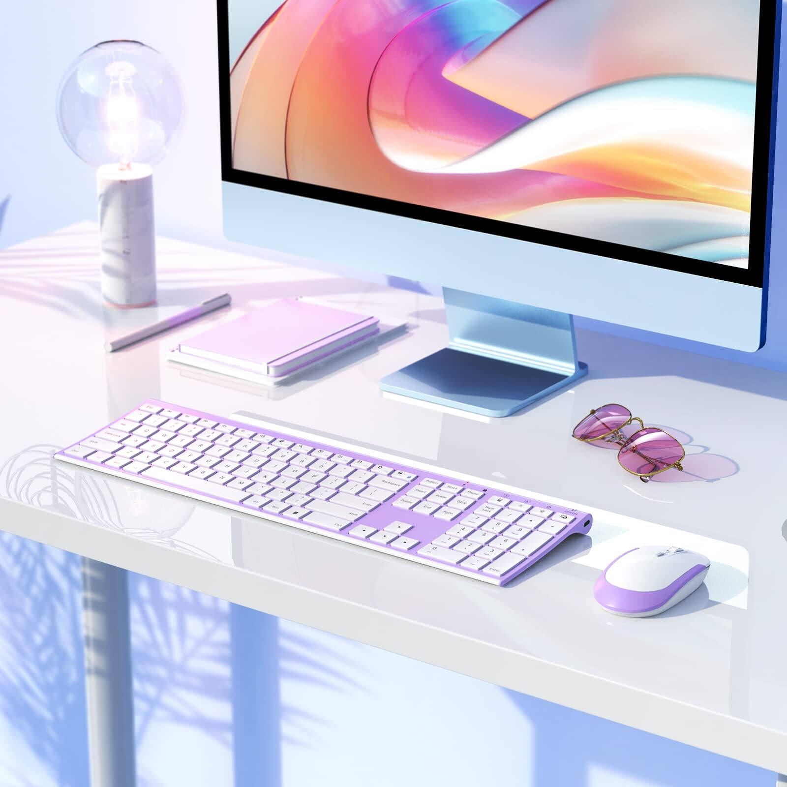 Alt View 6. PRIMEPLUS - Wireless Keyboard & Mouse Combo, 2.4GHz Rechargeable Quiet Full-Size, Nano USB Receiver for Windows Laptop PC - Lavender Purple.