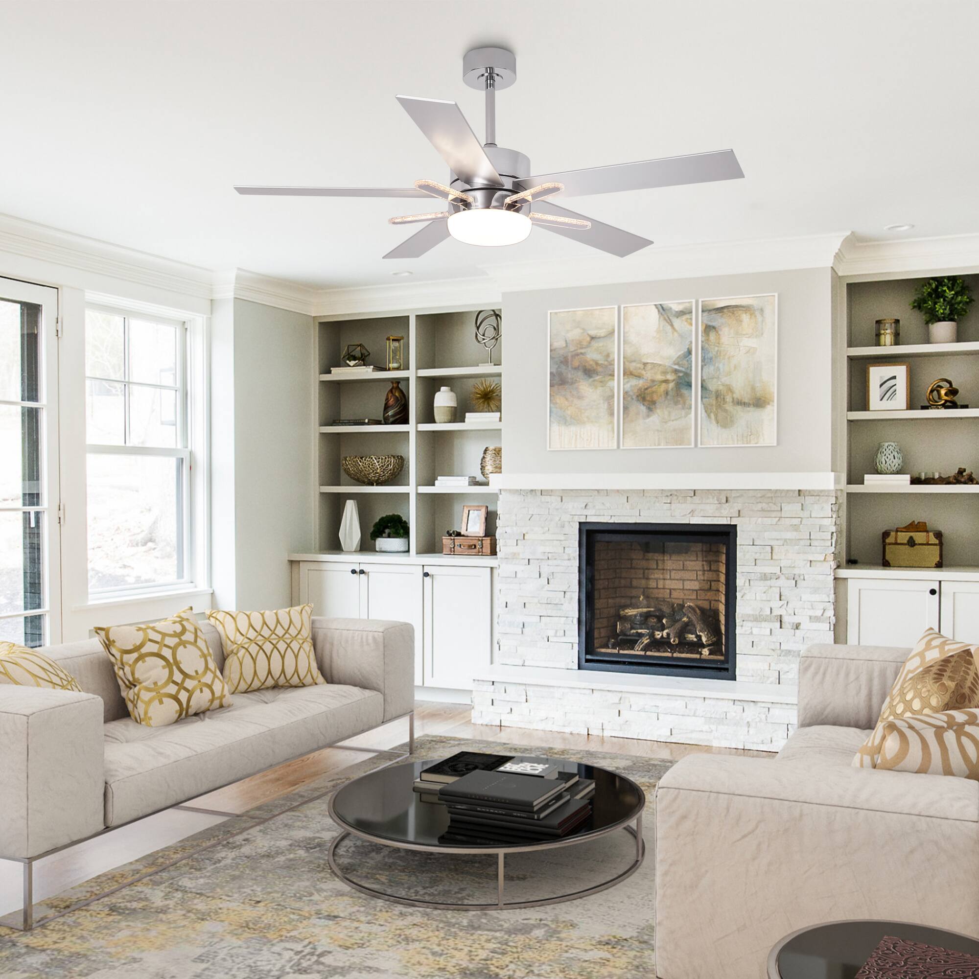 Left. Parrot Uncle - 52" Chrome Modern 3CCT Integrated LED Ceiling Fan with 5 Acrylic Bars and Remote - Chrome.