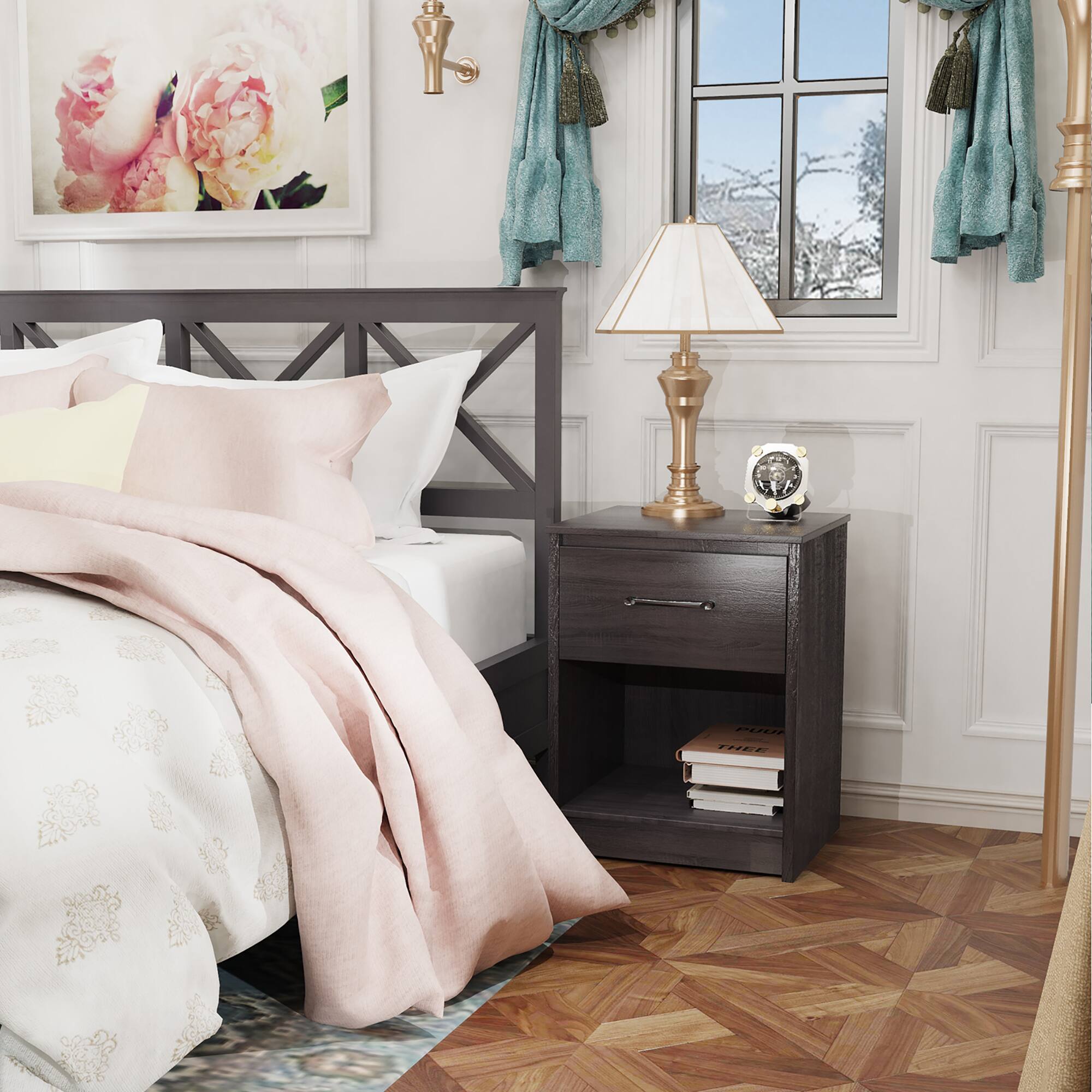 Alt View 14. Costway - Nightstand with Drawer Storage Shelf Wooden End Side Table Bedroom - Black.