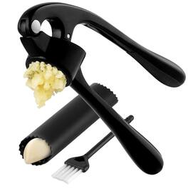 Zulay Kitchen - Premium Garlic Press with Soft, Easy to Squeeze Handle - Includes Silicone Garlic Peeler & Cleaning Brush - Black