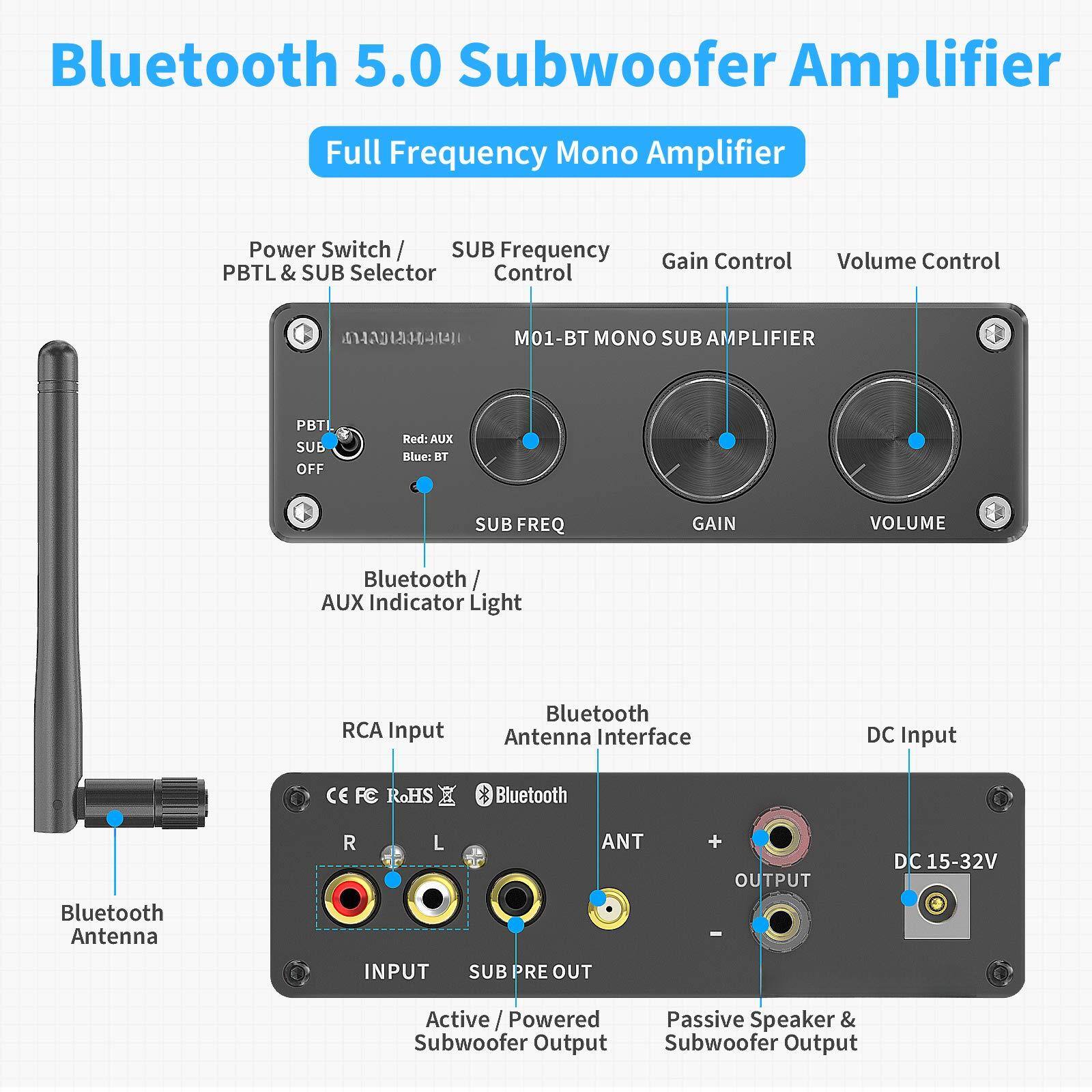 Bluetooth 5.0 Subwoofer Amplifier  
Full Frequency Mono Amplifier  

- Power Switch / PBTL & SUB Selector  
- SUB Frequency Control  
- Gain Control  
- Volume Control  

Bluetooth / AUX Indicator Light  

RCA Input  
Bluetooth Antenna Interface  
DC Input  

Active / Powered Subwoofer Output  
Passive Speaker & Subwoofer Output  

Bluetooth Antenna  

Bluetooth 5.0 Subwoofer Amplifier  
Full Frequency Mono Amplifier  

- Power Switch / PBTL & SUB Selector  
- SUB Frequency Control  
- Gain Control  
- Volume Control  

Bluetooth / AUX Indicator Light  

RCA Input  
Bluetooth Antenna Interface  
DC Input  

Active / Powered Subwoofer Output  
Passive Speaker & Subwoofer Output  

Bluetooth Antenna  

Bluetooth 5.0 Subwoofer Amplifier  
Full Frequency Mono Amplifier  

- Power Switch / PBTL & SUB Selector  
- SUB Frequency Control  
- Gain Control  
- Volume Control  

Bluetooth / AUX Indicator Light  

RCA Input  
Bluetooth Antenna Interface  
DC Input  

Active / Powered Subwoofer Output  
Passive Speaker & Subwoofer Output  

Bluetooth Antenna  

Bluetooth 5.0 Subwoofer Amplifier  
Full Frequency Mono Amplifier  

- Power