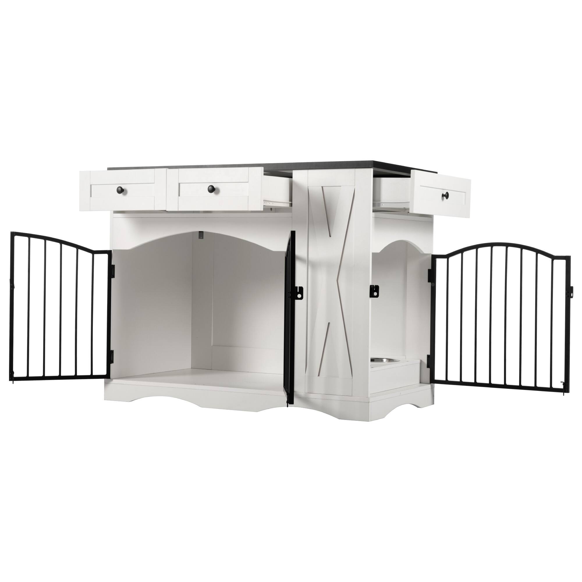 Alt View 1. Runesay - 43.3in White Heavy Duty Farmhouse Indoor Wooden Dog Crate Kennel Furniture  End Table with 3 Drawers.