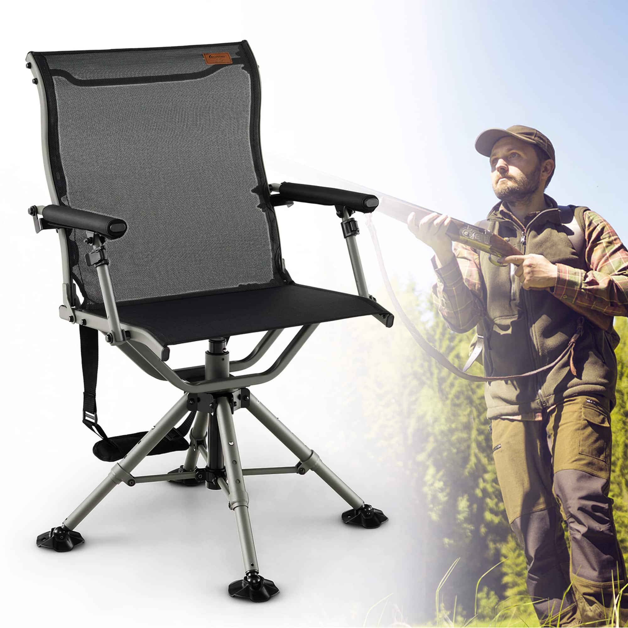 Costway - 360 Degree Silent Swivel Hunting Chair w/ All-terrain Feet Pads Support 400 LBS - Black