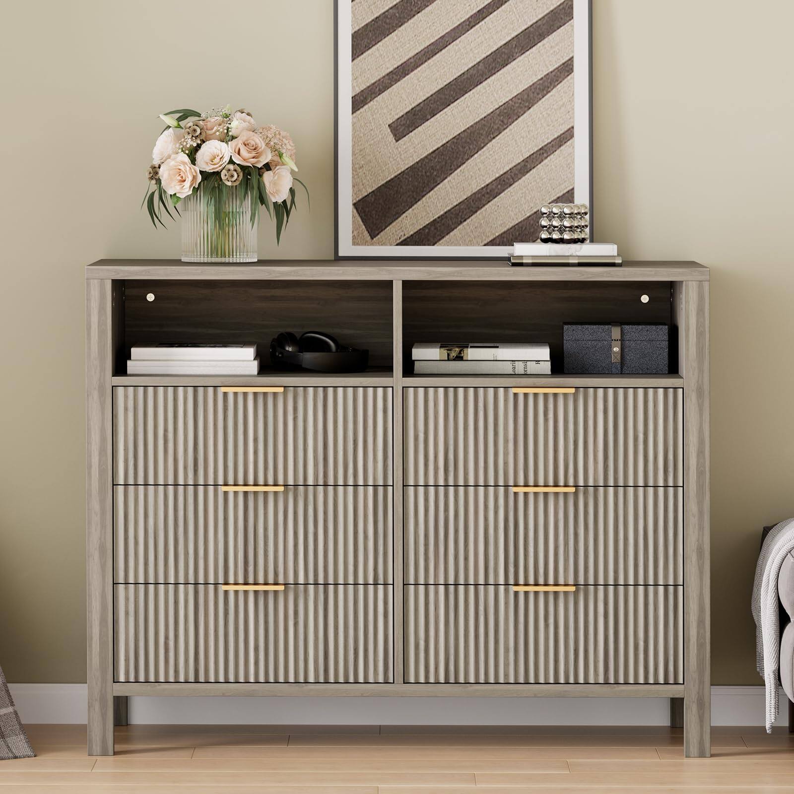 Angle. GARVEE - Modern Fluted 6 Drawer Dresser w/ Storage Cabinet,47.2" Bedroom MDF Chest,Living Room Organizer,Smooth Sliding Drawers - Gray.