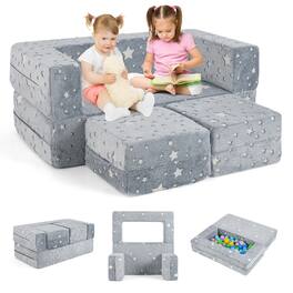 Gymax - 3-in-1 Baby Fold out Sofa w/ Removable & Machine Washable Flannel Cover Gray Star - Gray Star