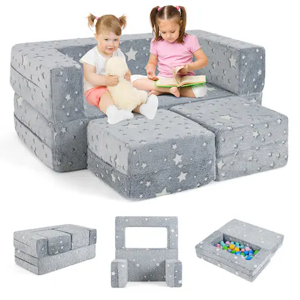 Front. Gymax - Gymax 3-in-1 Baby Fold out Sofa w/ Removable & Machine Washable Flannel Cover Gray Star - Gray Star.