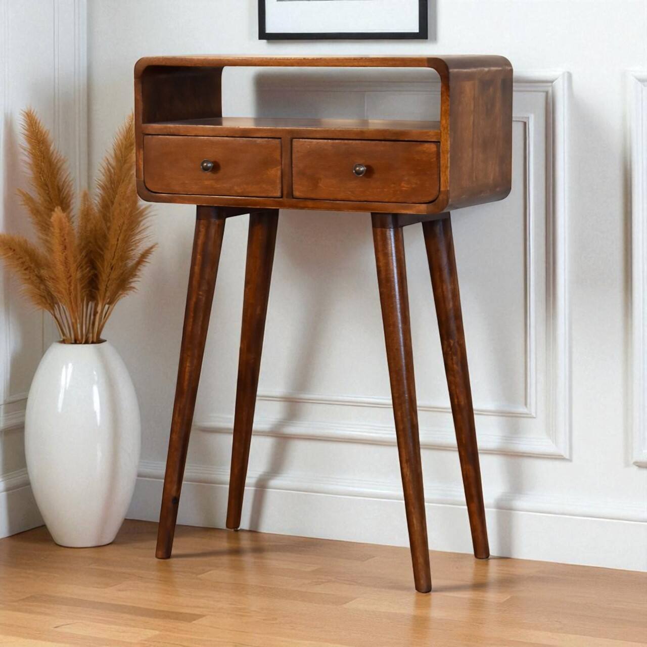 Angle. Artisan Furniture - Artisan Furniture Solid Wood Mini Chestnut Console Table, 2 Drawers, 1 Open Slot, Brown - Brown.