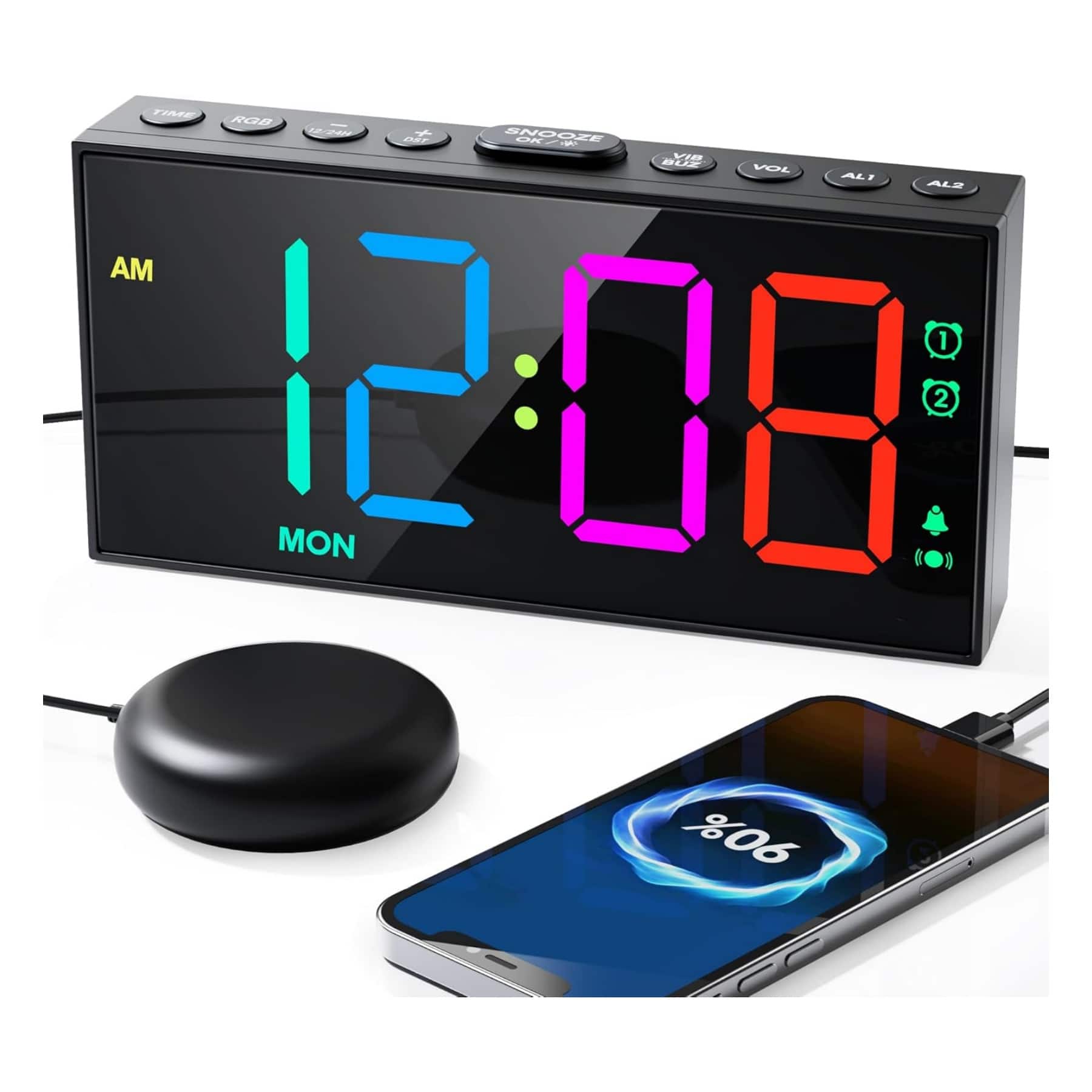 Dazzed Corner - RGB Vibrating Alarm Clock with Bed Shaker,Plug in Clock - Black