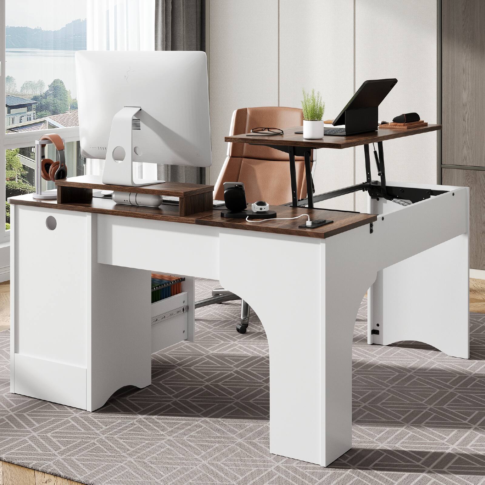 Back. Bestier - 55-inch L-Shaped Computer Desk with Lift Top, Modern Office Desk with Fluted Drawers & File Storage - Walnut.