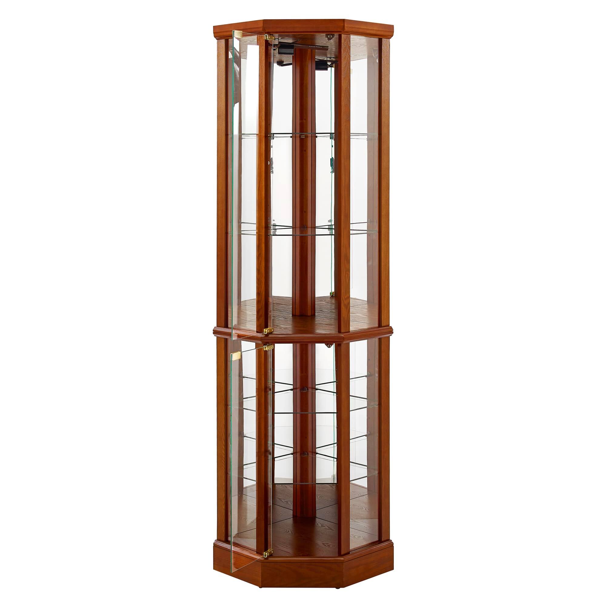 Alt View 1. APRILSOUL - Corner Curio Cabinet with Mirrored Panel Tempered Glass Shelves and Transitional Style - Oak.