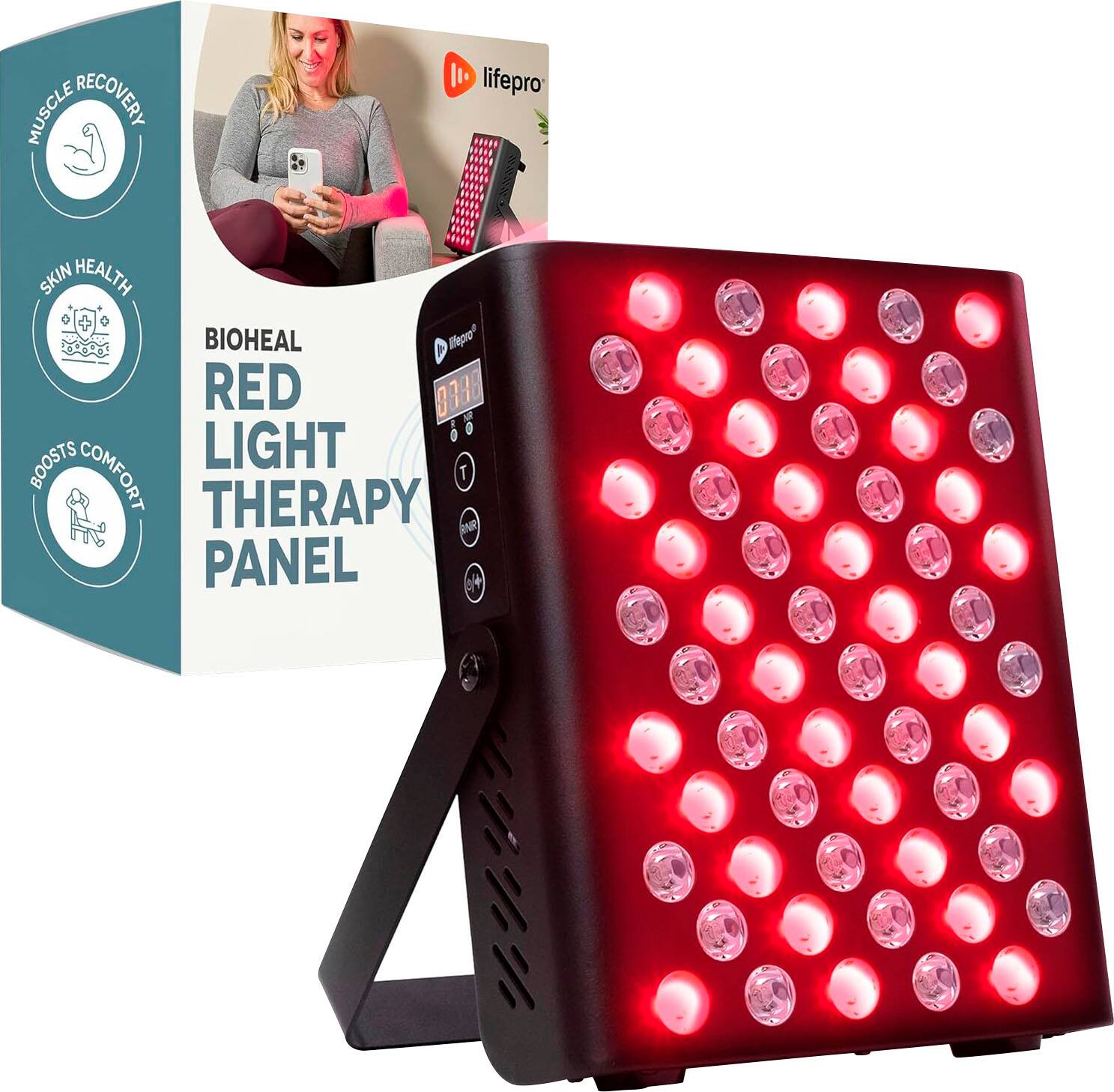 The text on the image is: "BIOTECH RED LIGHT THERAPY PANEL + BOOSTS LIFE PRO SKIN HEALTH + MUSCLE RECOVERY + COMFORT."