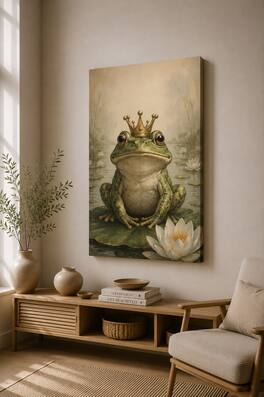 FC Design - Large Crowned Frog Lily Pond Canvas Print 24x36"-Ready-to-Hang Fantasy Pond Animal Art Painting Home Wall Décor - MultiColor