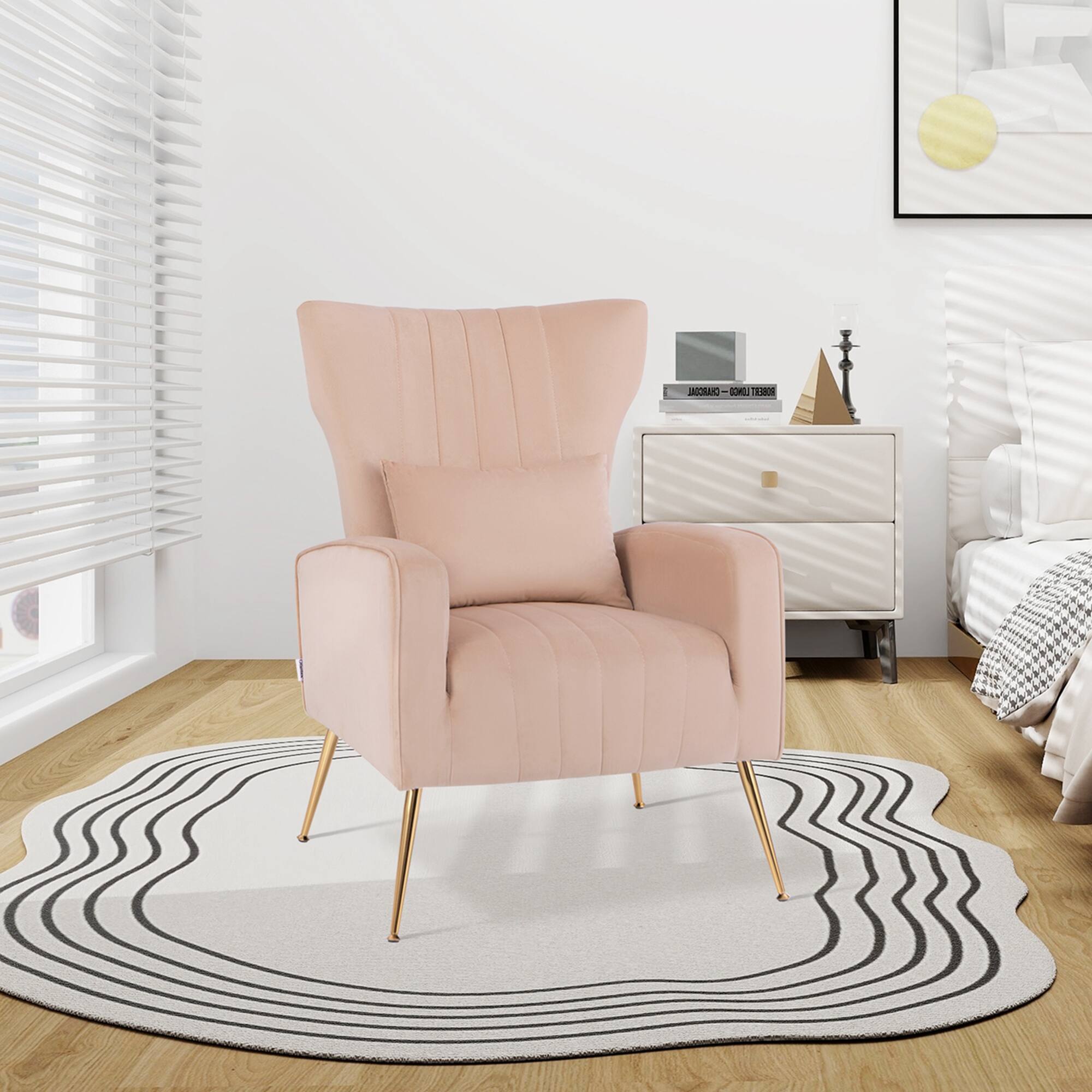 Alt View 11. Costway - Velvet Upholstered Wingback Chair with Lumbar Pillow and Golden Metal Legs - Pink.