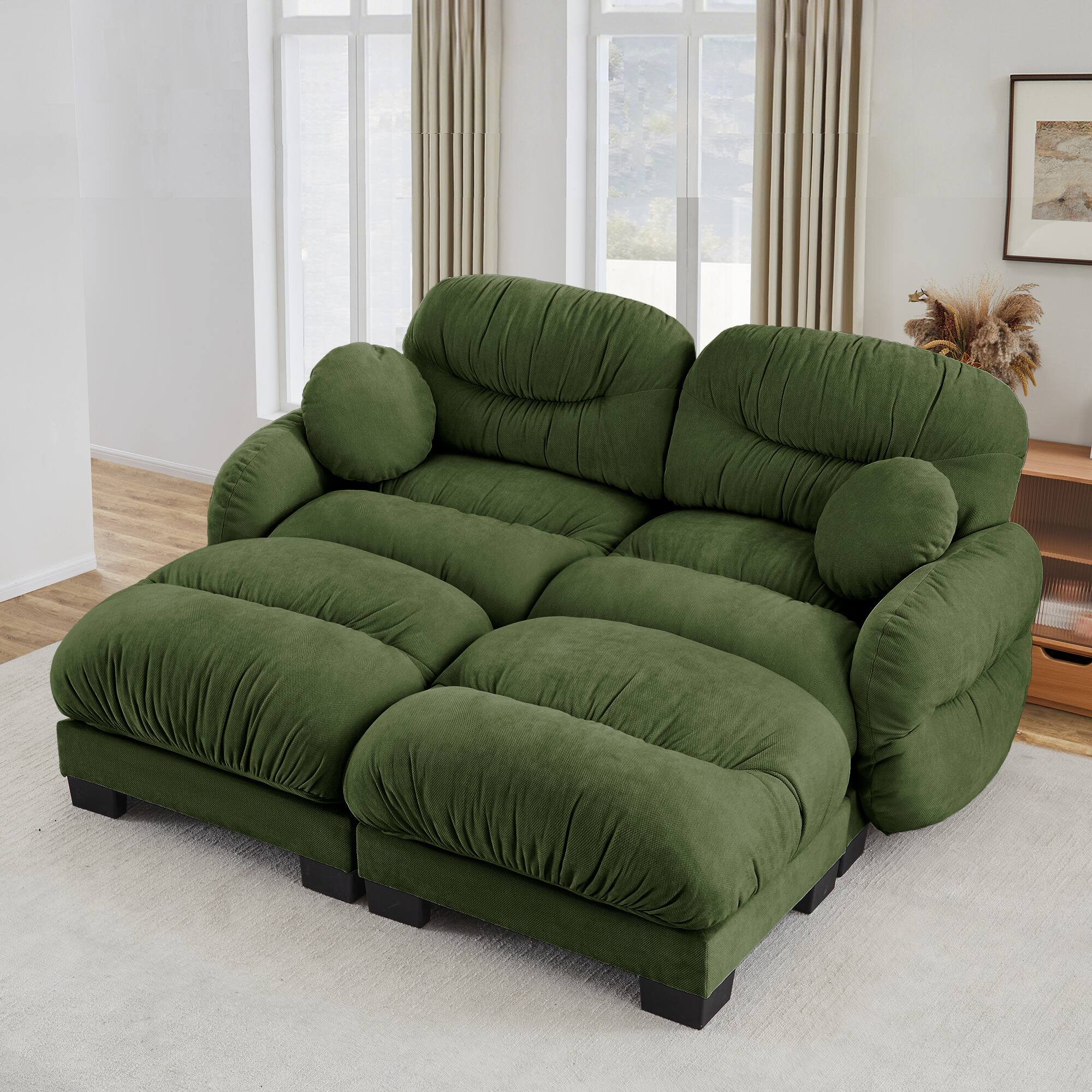 Angle. Anysun - L Shape 2-Seater Modular Sofa with 2 Ottomans, High-Density Foam & Curved Armrests, Pleated Design for Living Room - Green.