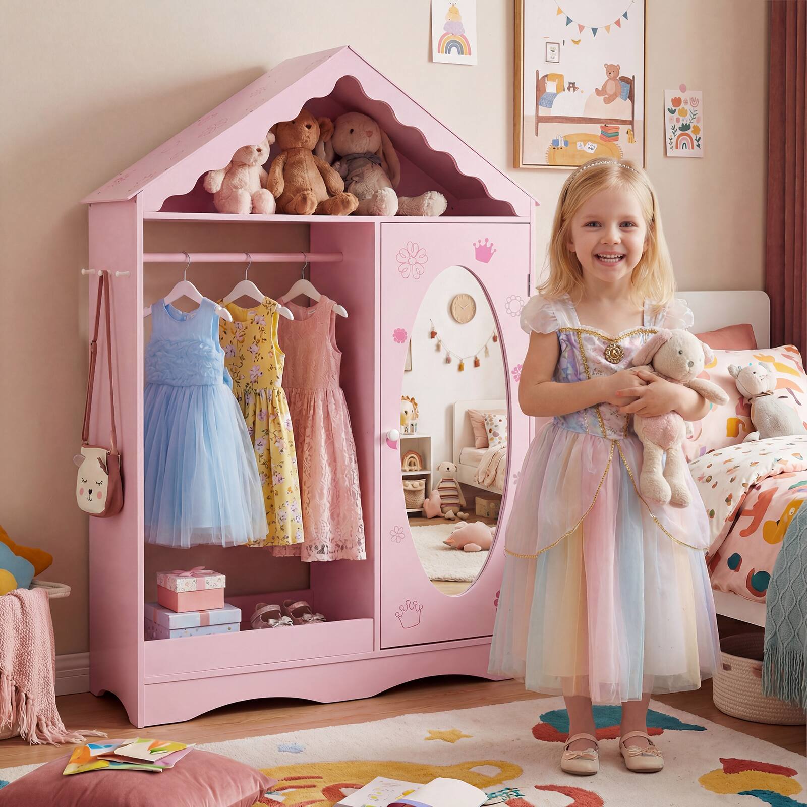 Alt View 1. Gymax - Gymax Kids Dress Up Storage w/ Mirror Roofed Wardrobe Closet w/ Open Hanging Rack Pink - Pink.