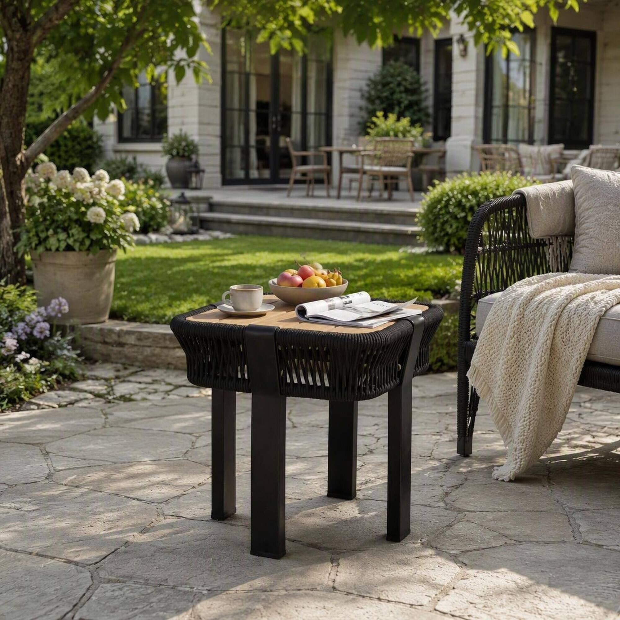 Angle. RYHNUYNE - Square Acacia Wood Side Table with Black Rope Frame,Teak Finish Outdoor Patio Accent End Table for Balcony - Black,Teak.