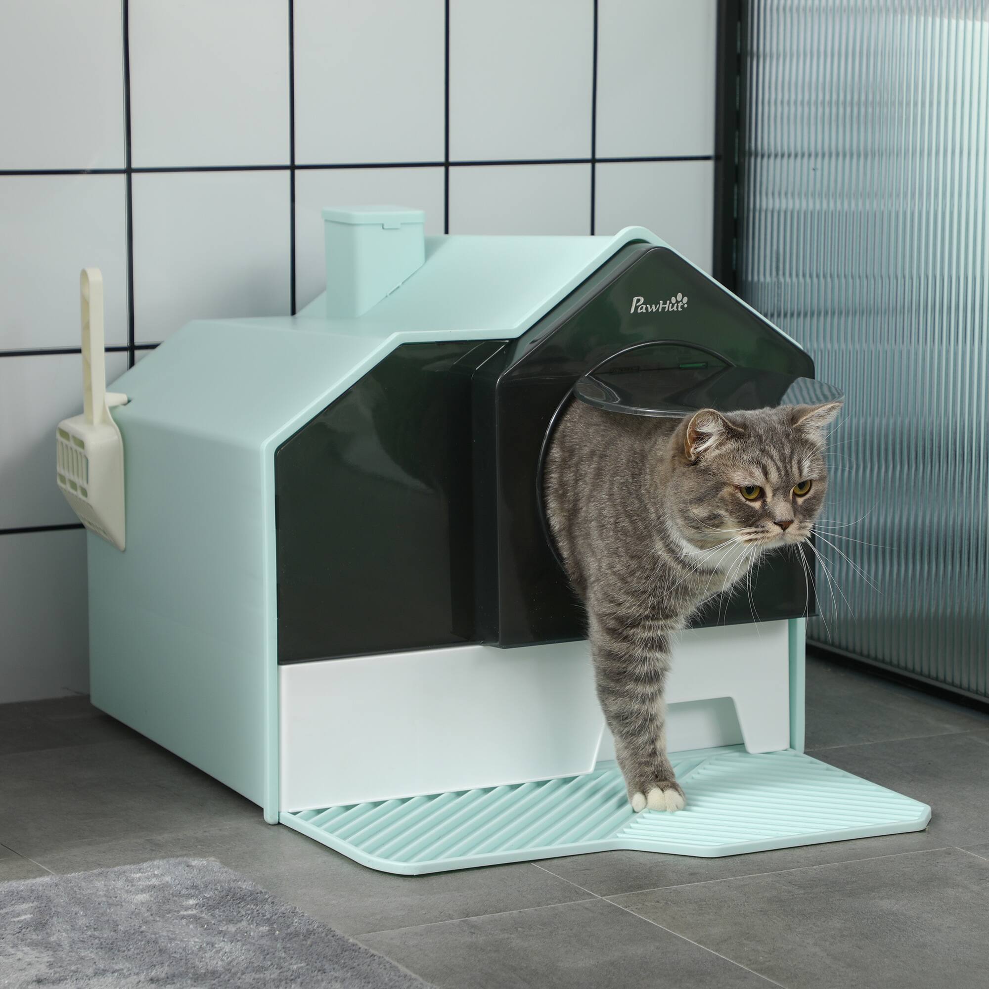 Angle. Pawhut - Hooded Cat Litter Box with Kitty Litter Mat, Kitty Litter Pan with Odor Control, Pull-Out Drawer, Handle, Scoop - Light Blue.