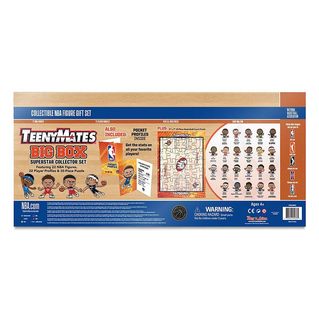 COLLECTIBLE NBA FIGURE GIFT SET  
TEENYMATES BIG BOX  
SUPERSTAR COLLECTOR SET  
Featuring 22 NBA Figures, 22 Player Profiles & 35-Piece Puzzle  

ALSO INCLUDED:  
POCKET PROFILES INSIDE  

PLUS: 35-Piece Basketball Court Puzzle  

Get the stats on all your favorite players!  

NATIONAL BASKETBALL ASSOCIATION  
NBA.com  

WARNING: CHOKING HAZARD Small parts. Not for children under 3 years.  
Ages 4+  
CE PACY Autions  
bilda.com