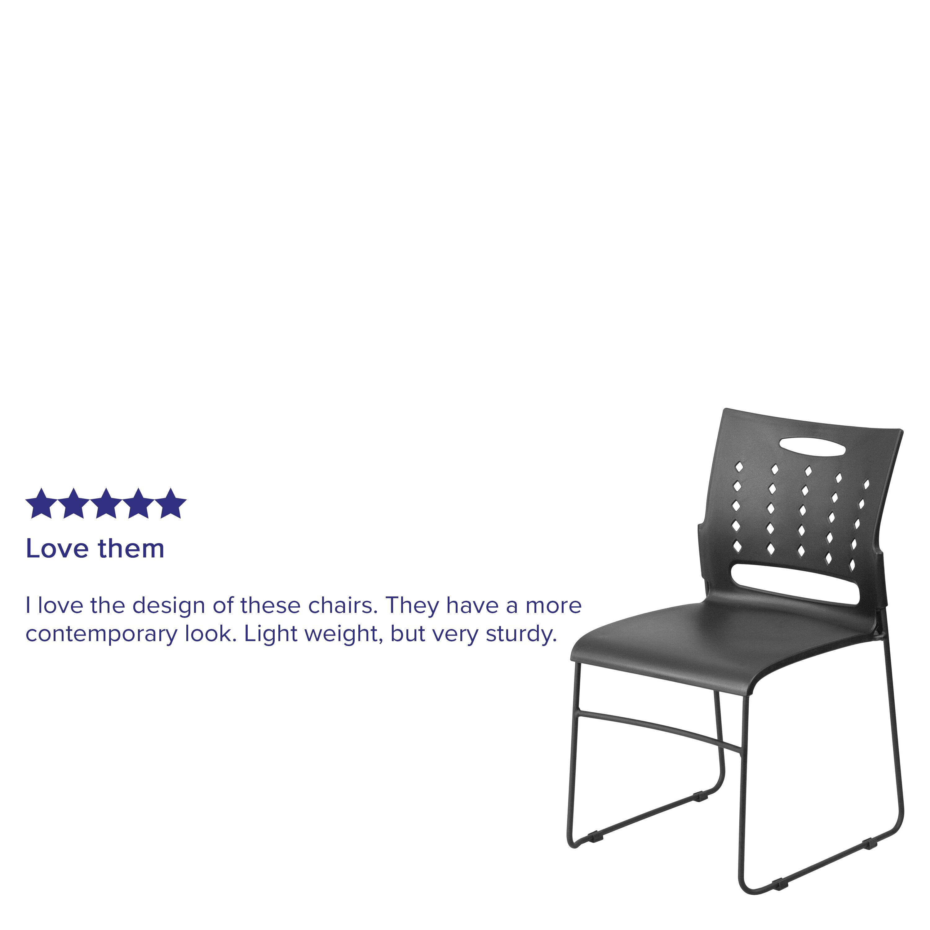 Love them

I love the design of these chairs. They have a more contemporary look. Light weight, but very sturdy.