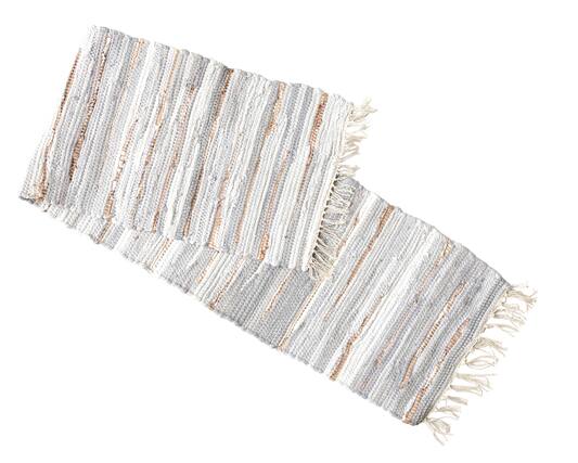 Front. Audrey's - Gray and Gold Chindi Cloth Woven Table Runner 12 Inches X 56 Inches - Grey.