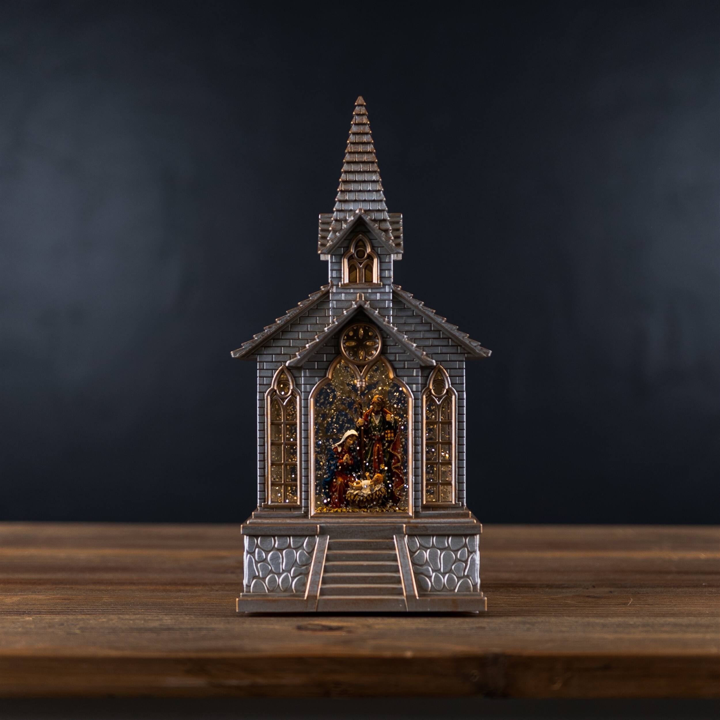 Angle. BreeBe - LED Snow Globe Church with Nativity 8.25"H - Silver, Gold.