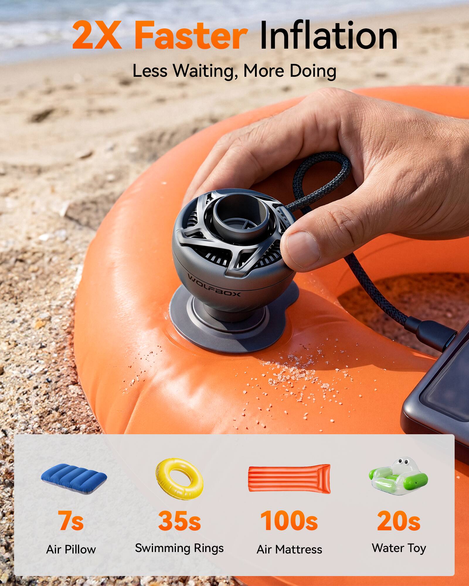 2X Faster Inflation  
Less Waiting, More Doing  

WOLFBOS  
7s Air Pillow  
35s Swimming Rings  
100s Air Mattress  
20s Water Toy
