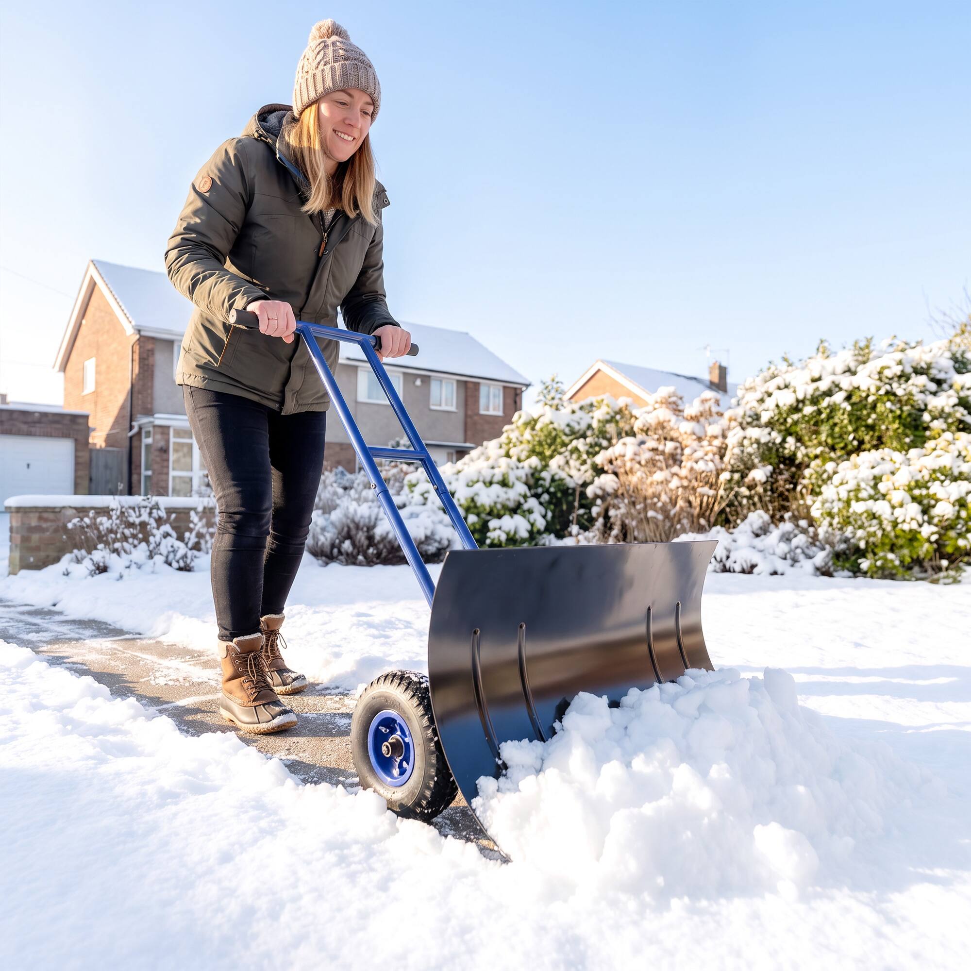 Alt View 1. Outsunny - Shovel with Wheels, 29" Metal Snow Pusher with Adjustable Handle, 7-Angle Blade - Blue.