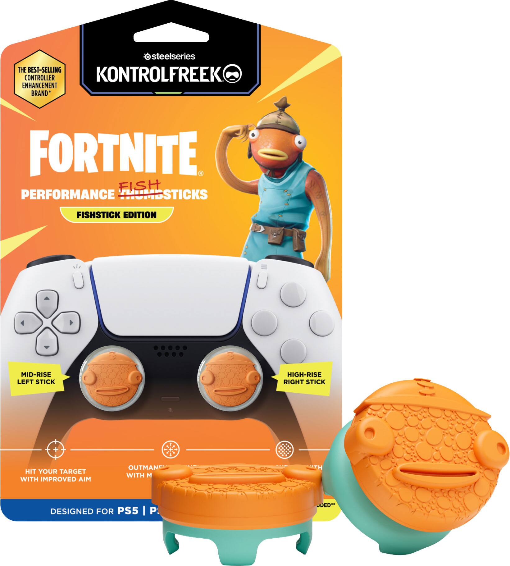 steelseries THE BEST-SELLING CONTROLLER KONTROLFREEK ENHANCEMENT BRAND*  
FORTNITE FISH PERFORMANCE THUMBSTICKS  
FISHSTICK EDITION  
MID-RISE LEFT STICK  
HIGH-RISE RIGHT STICK  
HIT YOUR TARGET WITH IMPROVED AIM  
OUTMAN WITH M  
DESIGNED FOR PS5 | PS