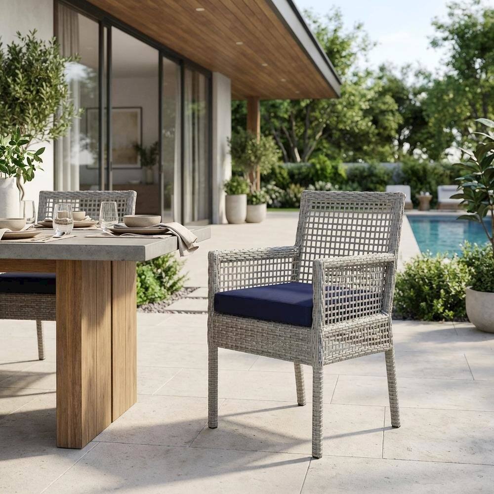 Left. Outdoor Escape - Outdoor Patio Wicker Rattan Armchair for Dining, Cushioned, Lounge Style - Brown.