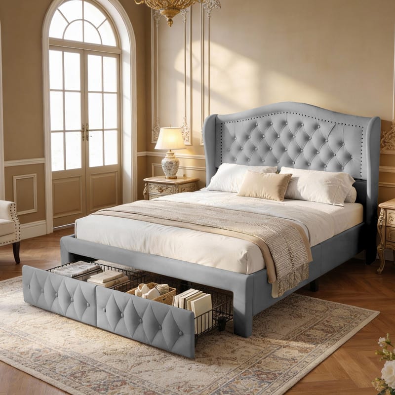 Dyonery - Queen bed frame, 52.6 inches high, with two drawers, velvet soft packaging, sewn headboard, vintage design. - Gray