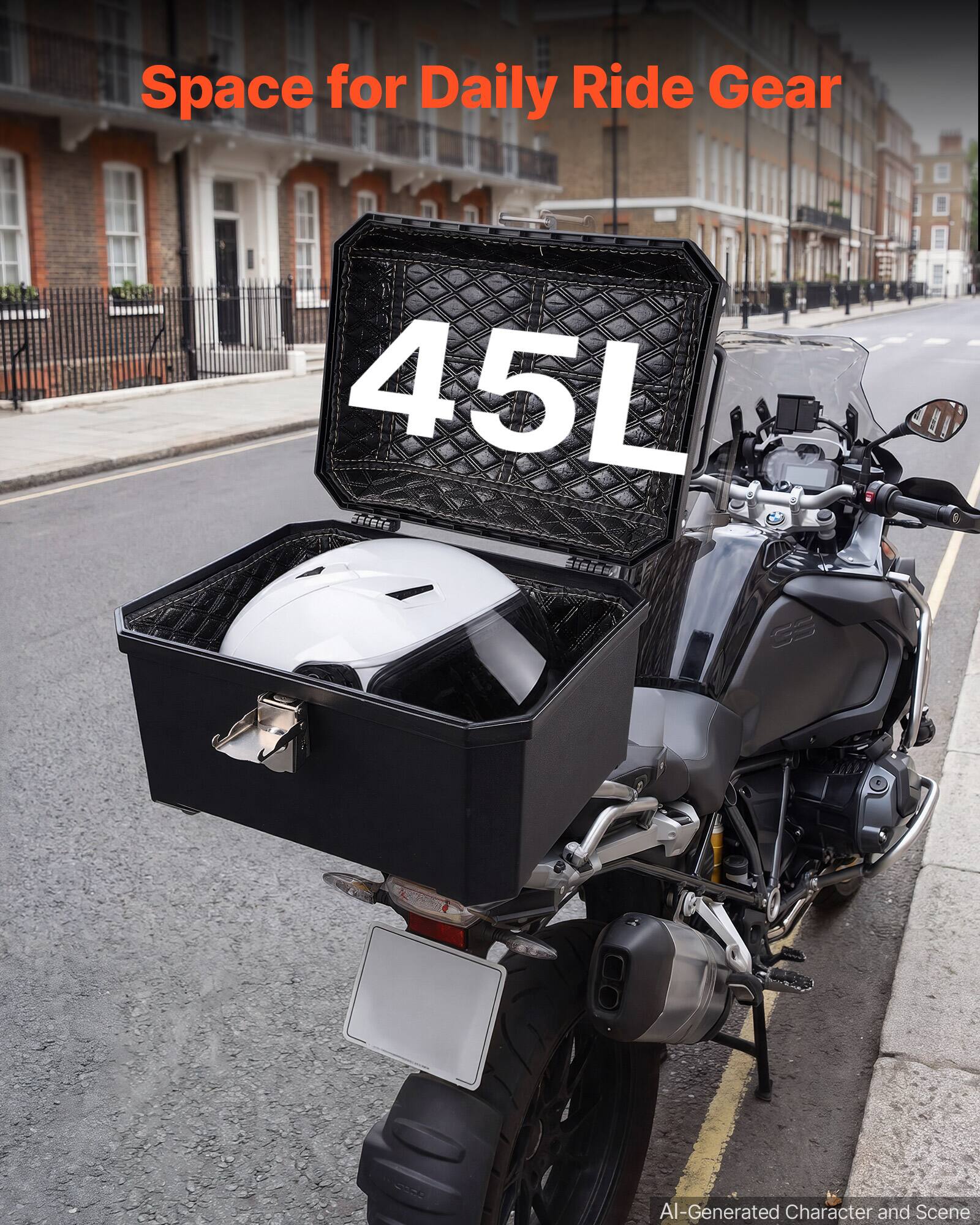 Space for Daily Ride Gear  
45L  
AI-Generated Character and Scene