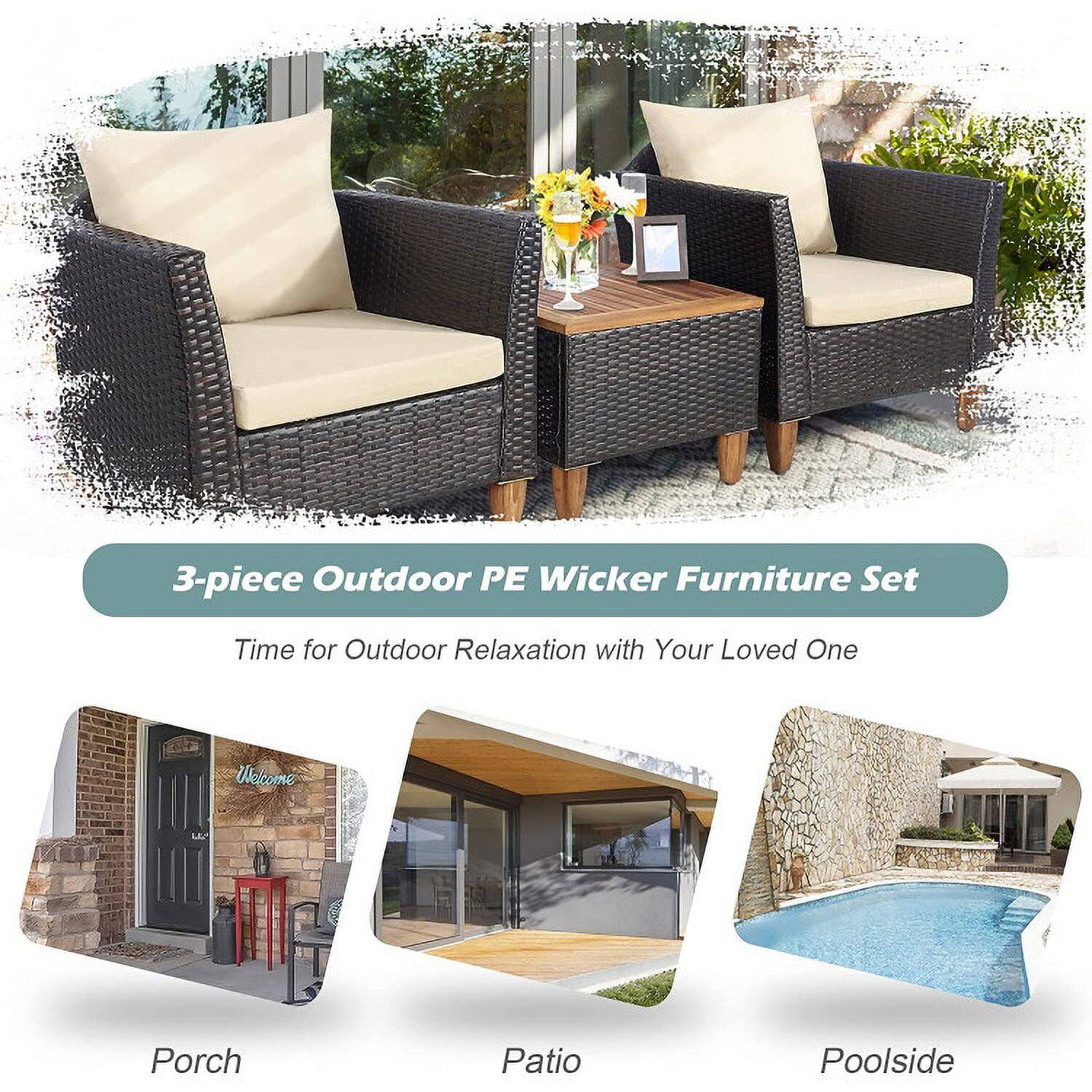 3-piece Outdoor PE Wicker Furniture Set  
Time for Outdoor Relaxation with Your Loved One  

Porch  
Patio  
Poolside