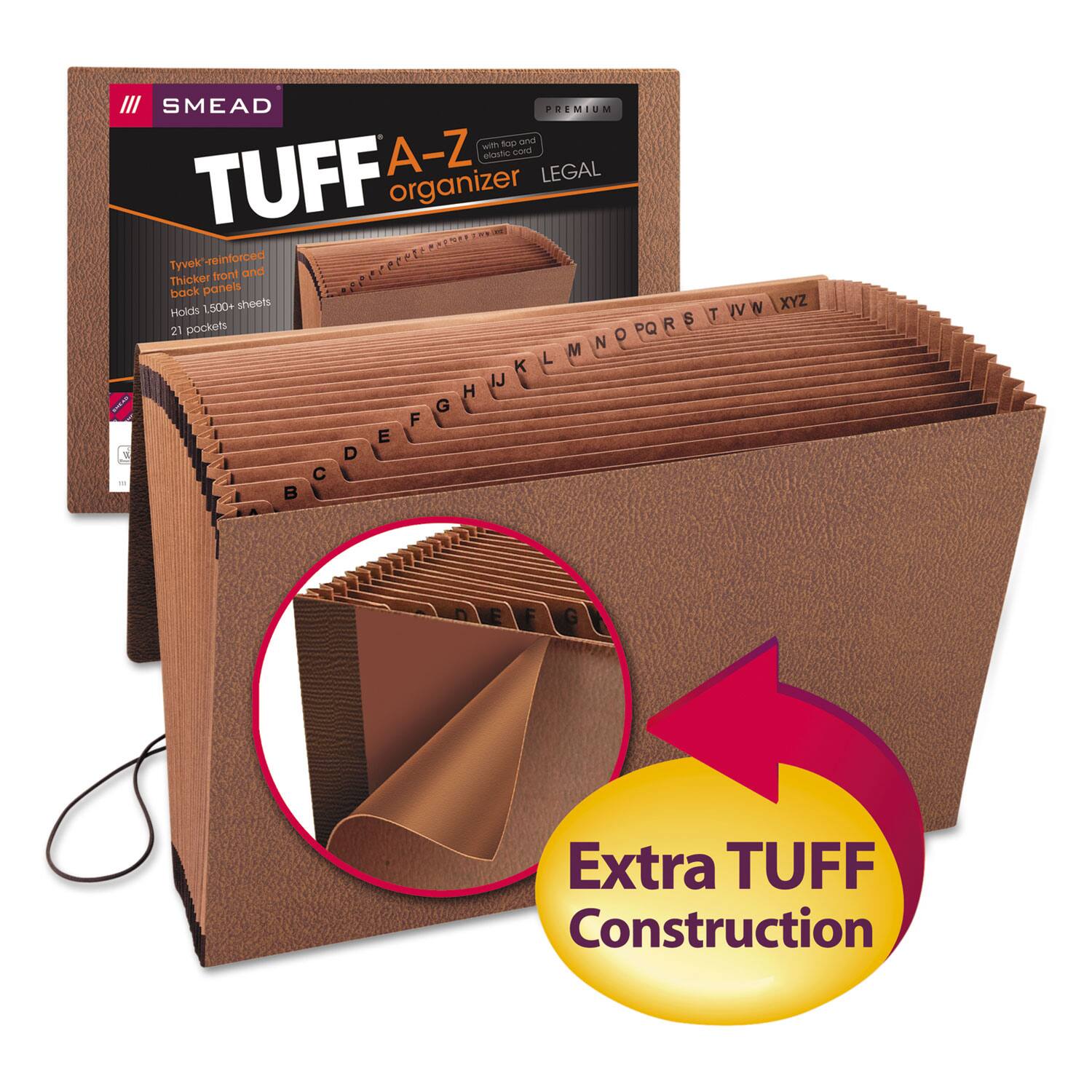 SMEAD PREMIUM TUFF A-Z organizer LEGAL  
Tyvek-reinforced with top and bottom flap and thicker front and back panels  
Holds 1,500+ sheets  
21 pockets  
Extra TUFF Construction