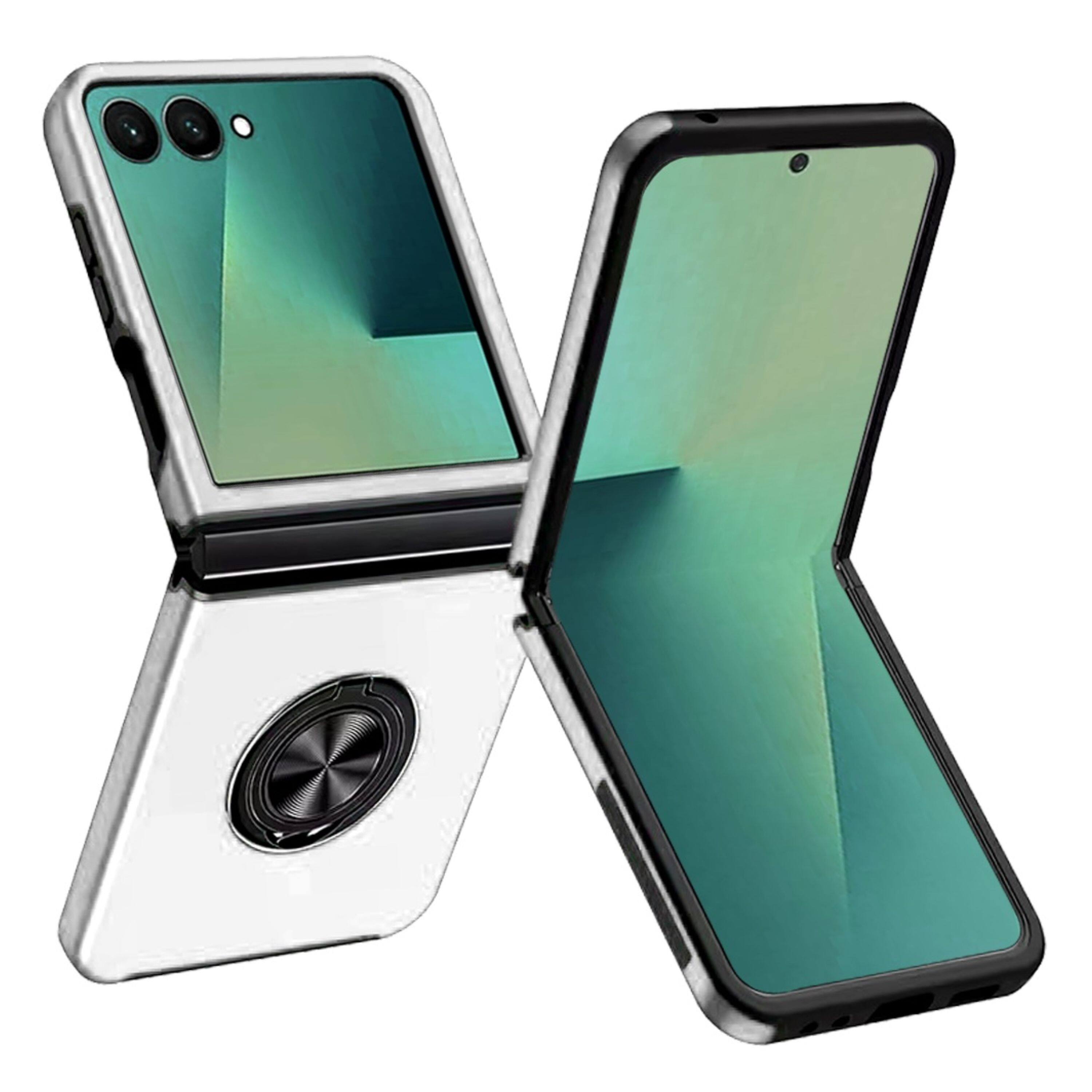 Angle. Kitcheniva - Rubber Dual Layer Magnetic Ring Stand Case With Tempered Glass For Samsung Z Flip7 Silver - Silver.