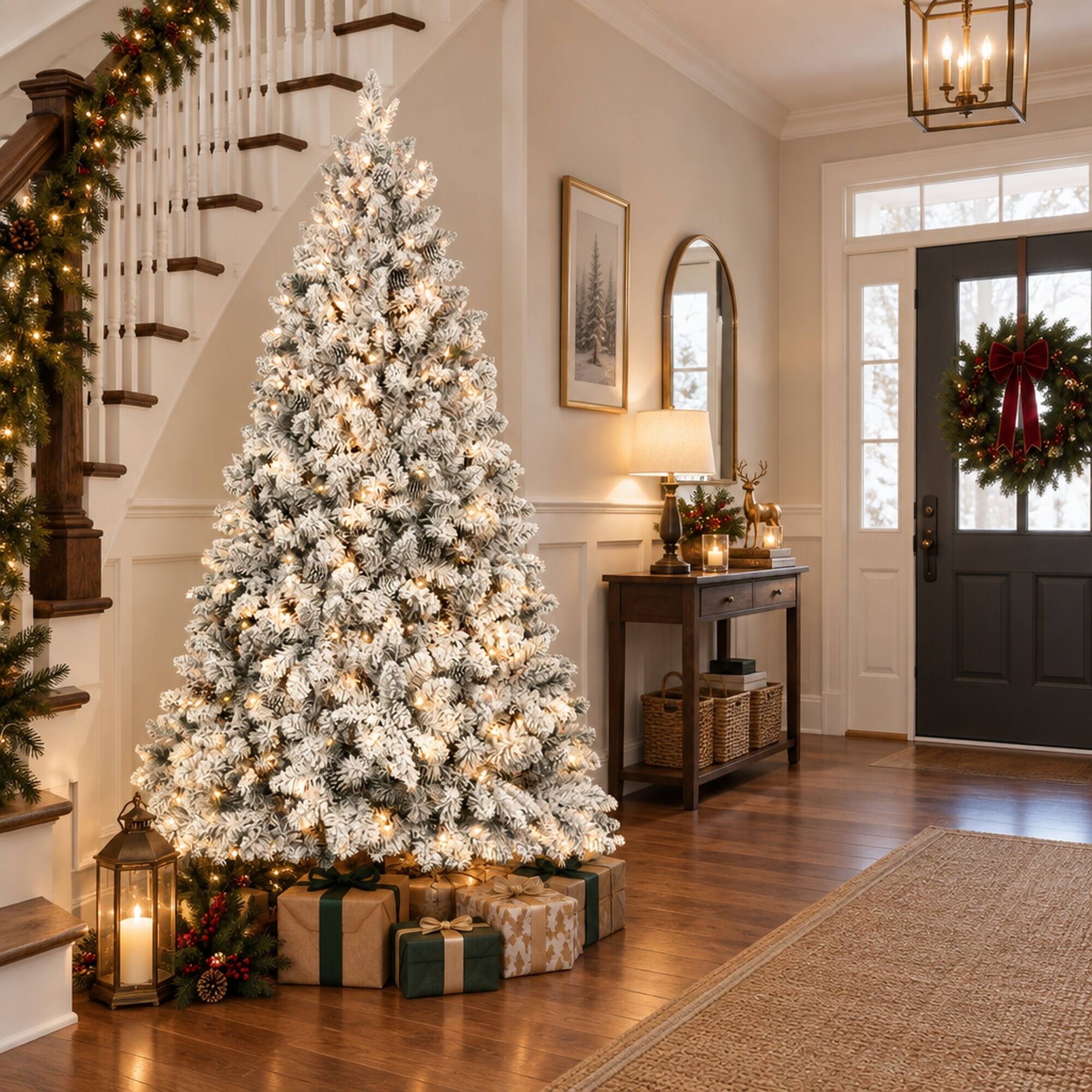 Alt View 1. RYHNUYNE - 4.5FT Flocked Pre-Lit Christmas Tree With 250 Lights and 24 Pine Cones, 498 Snowy Tips and Metal Stand - Green,White.