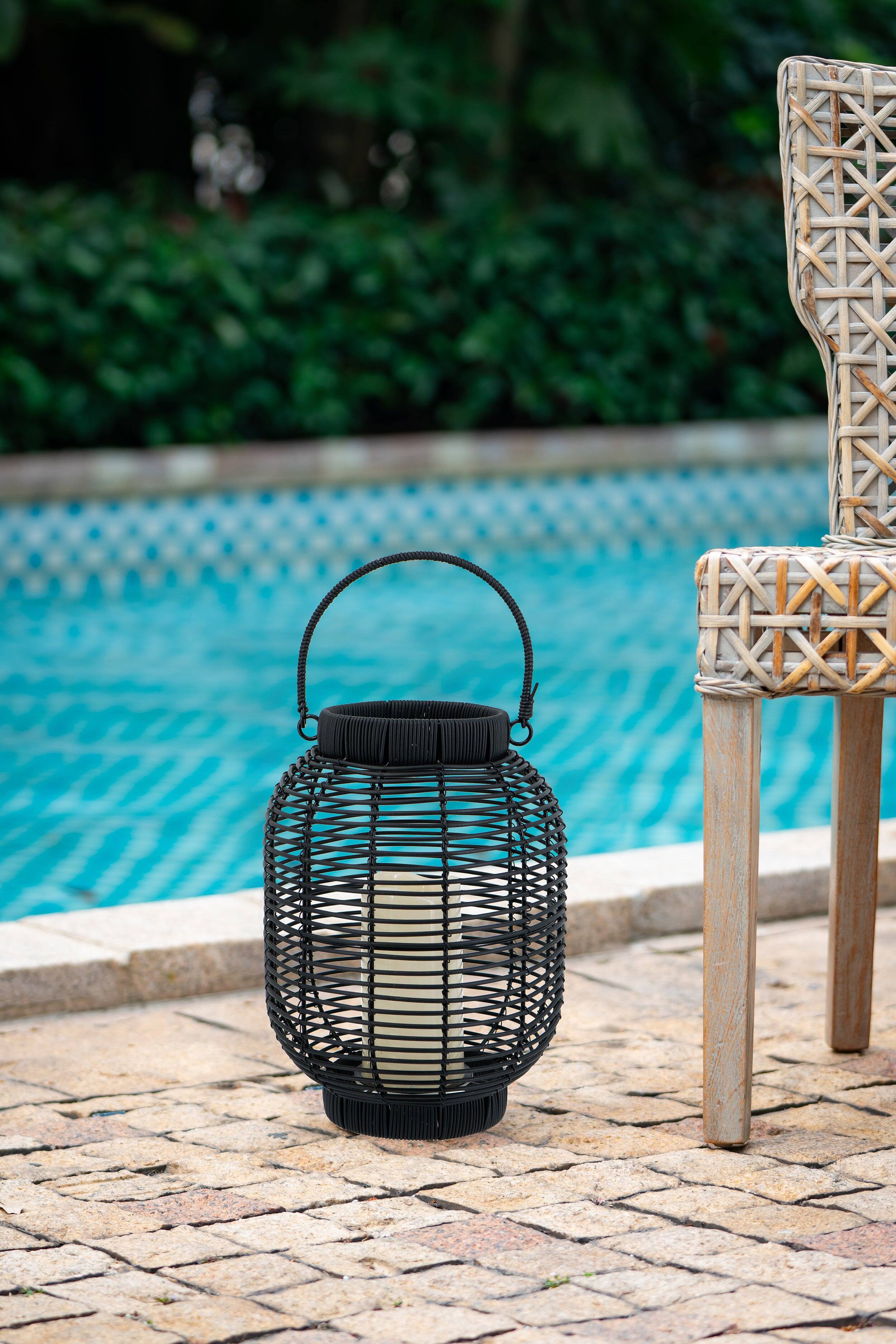 Alt View 5. Boyel Living - Black Poly Rattan Lantern with White LED Candle.
