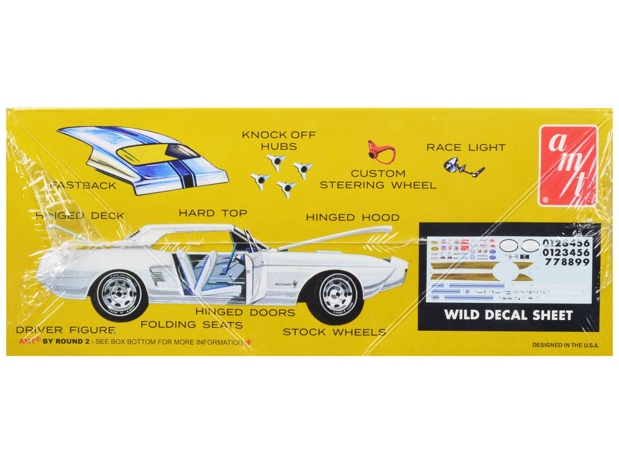 FASTBACK  
HINGED DECK  
KNOCK OFF HUBS  
RACE LIGHT  
CUSTOM STEERING WHEEL  
HARD TOP  
HINGED HOOD  

a m t  
0123456  
0123456  
778899  

HINGED DOORS  
FOLDING SEATS  
DRIVER FIGURE  
STOCK WHEELS  
AMT BY ROUND 2 - SEE BOX BOTTOM FOR MORE INFORMATION  

WILD DECAL SHEET  
DESIGNED IN THE U.S.A.