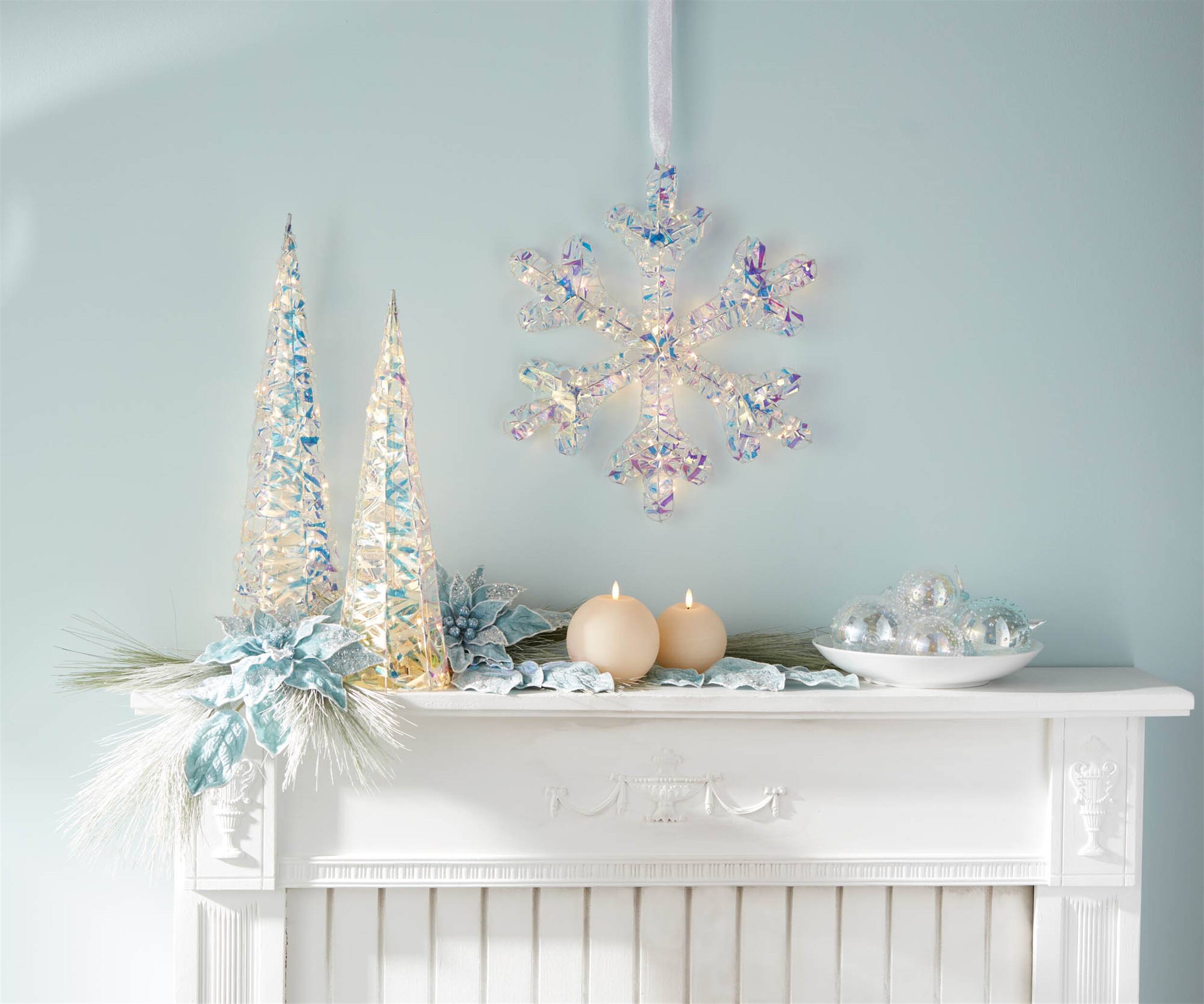 Angle. BreeBe - Iridescent LED Hanging Snowflake (Set of 2) - White, Blue, Pink.
