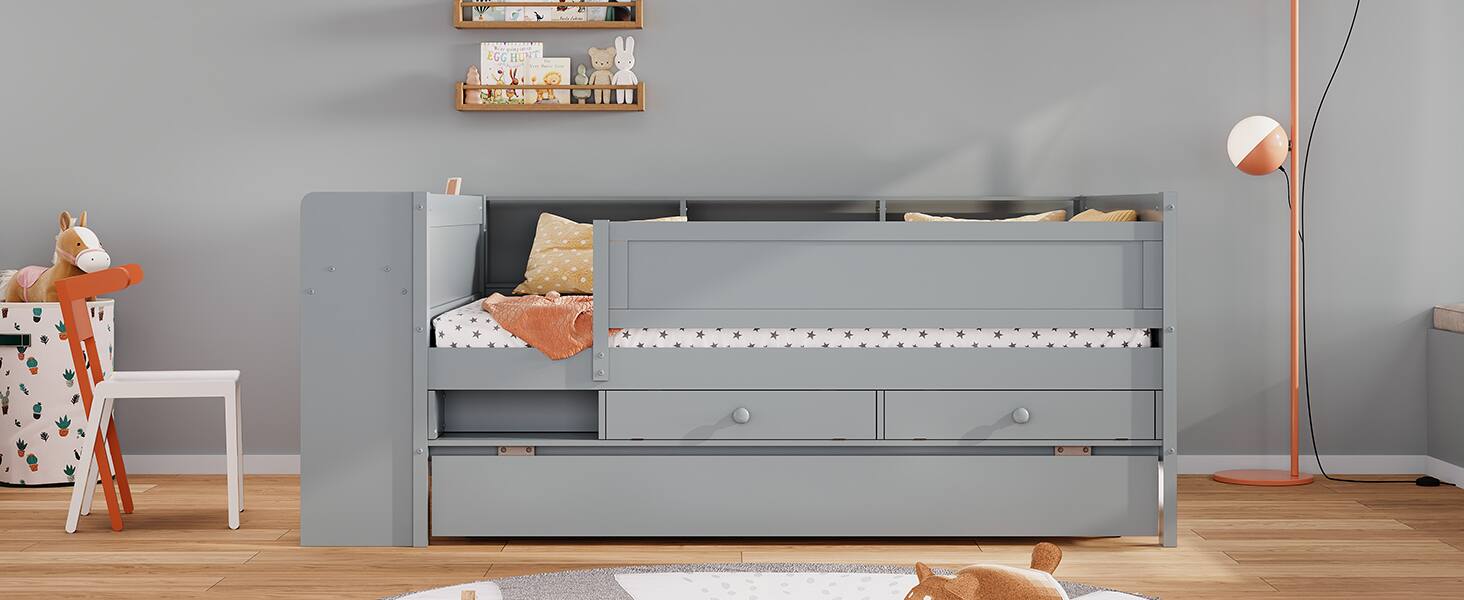 Alt View 6. Tiramisubest - Multi-Functional Twin Daybed with Drawers and Trundle,  Headboard Storage and Tables, USB Charging Station, Gray - Gray.