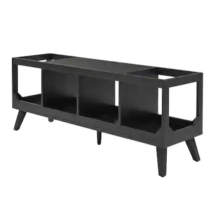 Front. FurniFact - Wooden Low Record Player Stand with Vinyl Storage and Cable Management - Black.