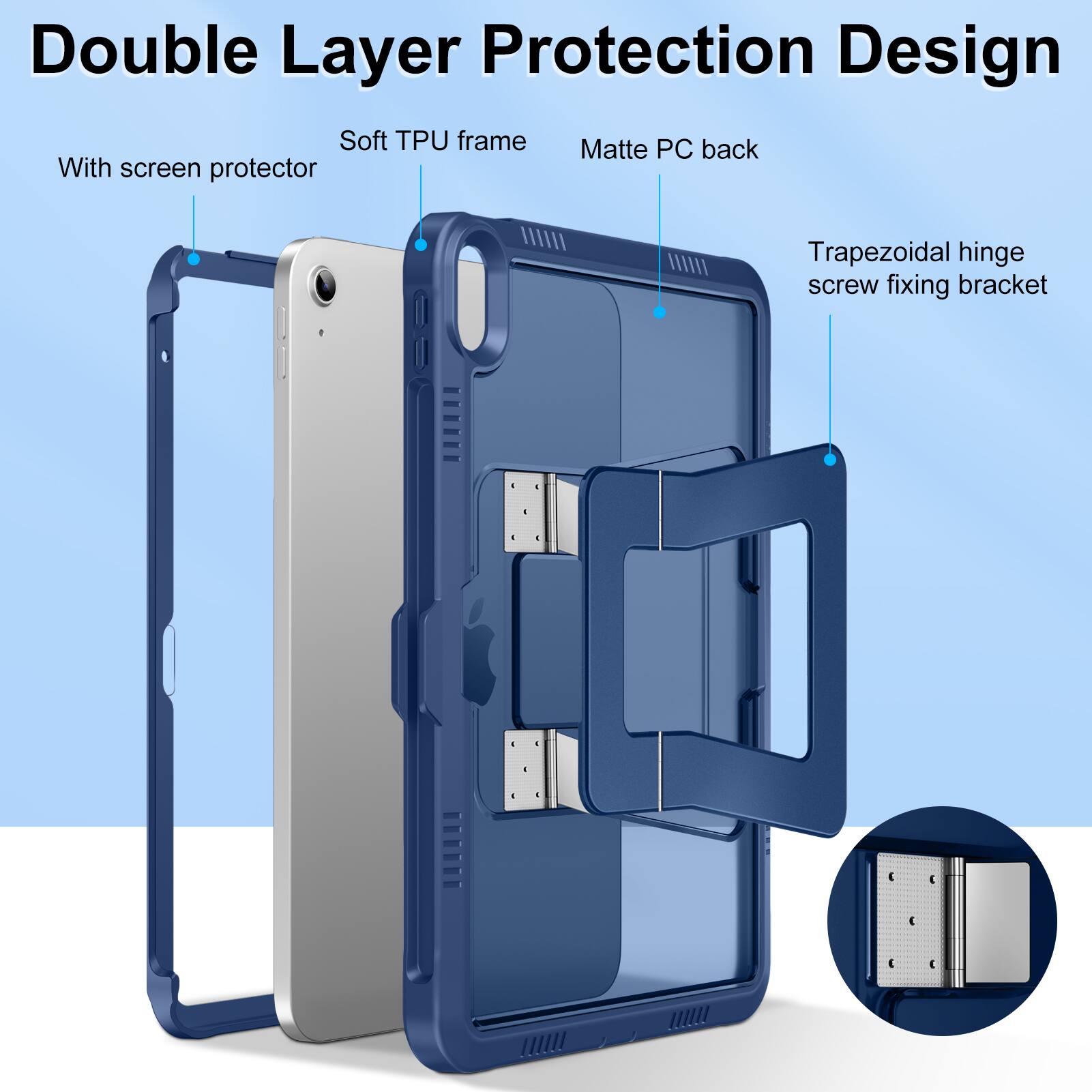 Double Layer Protection Design  
Soft TPU frame  
Matte PC back  
With screen protector  
Trapezoidal hinge screw fixing bracket